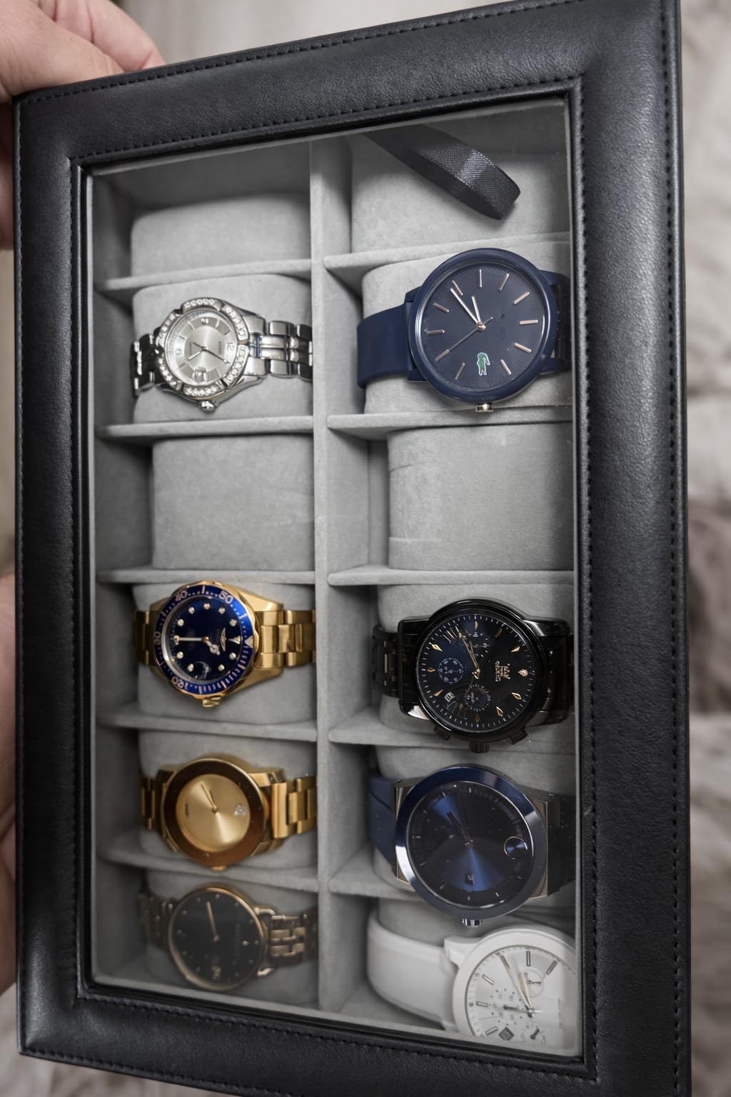 SONGMICS Watch Box, 12-Slot Watch Case Organizer with Large Glass Lid, Removable Pillows, Black Synthetic Leather, Gray Lining UJWB12BK customer photo 1
