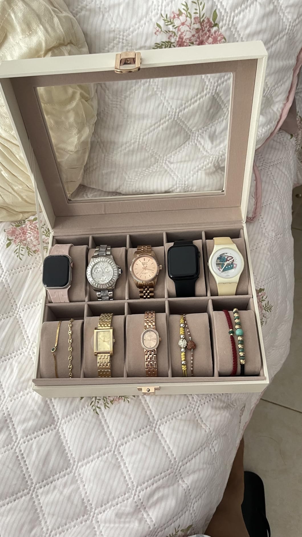 SONGMICS Watch Box, 12-Slot Watch Case Organizer with Large Glass Lid, Removable Pillows, Black Synthetic Leather, Gray Lining UJWB12BK customer photo 2
