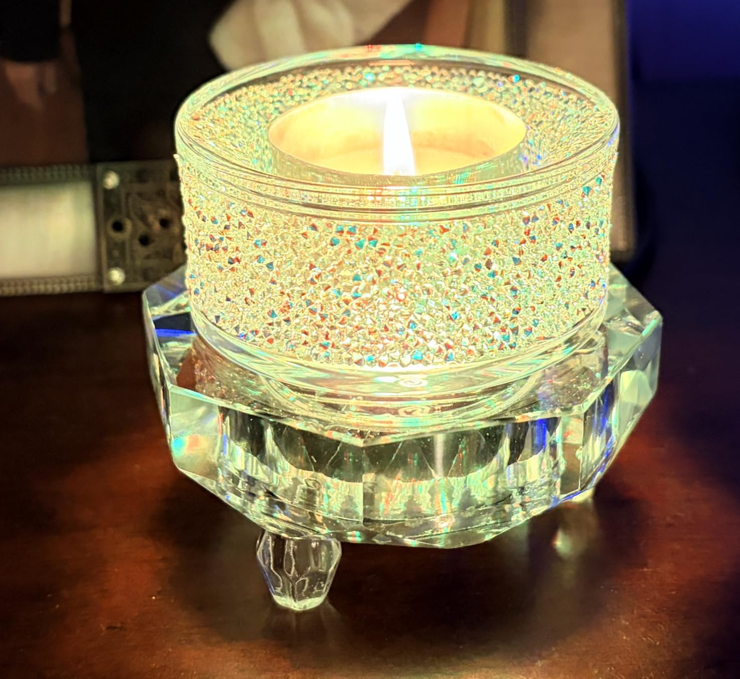 Swarovski Shimmer Tea Light Holder, Candle Holder with Clear Swarovski Crystals Featuring an Aurora Borealis Effect customer photo 1