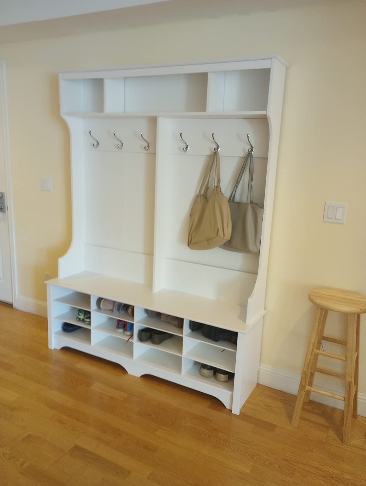 Prepac Gray Hall Tree, Shoe Cabinet, Storage Cabinet with 24 Shoe Cubbies and 6 Double Coat Hooks 15.5
