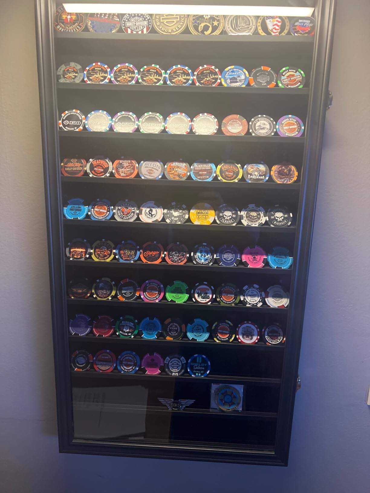 7 Rows Military Challenge Coin Holder Display Cabinet Wall Mount with HD Tempered Glass, Holds 100 Coins, Wooden Medal Display Case Shadow Box with Removable Shelves, Mahogany customer photo 1