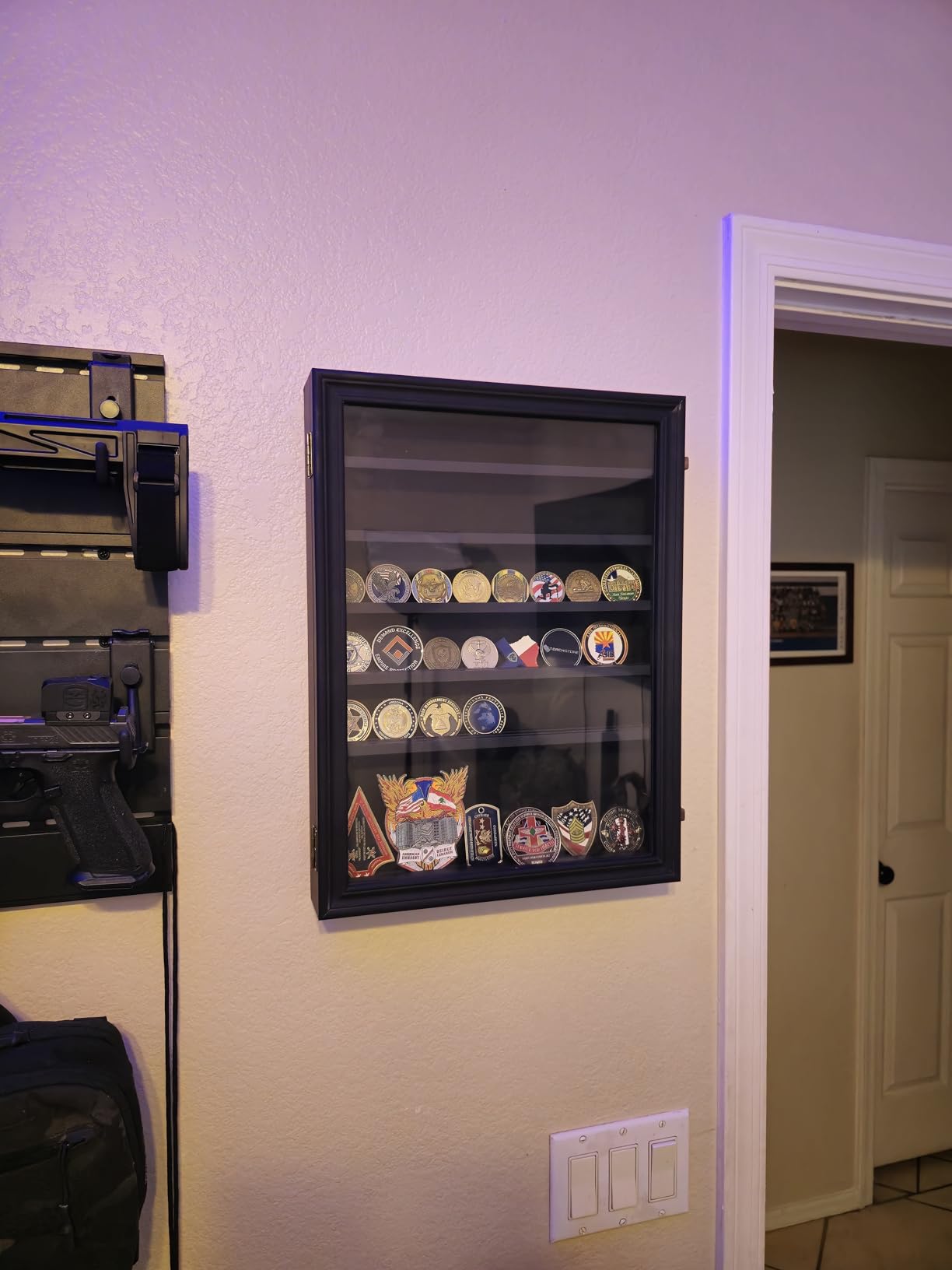 7 Rows Military Challenge Coin Holder Display Cabinet Wall Mount with HD Tempered Glass, Holds 100 Coins, Wooden Medal Display Case Shadow Box with Removable Shelves, Mahogany customer photo 2