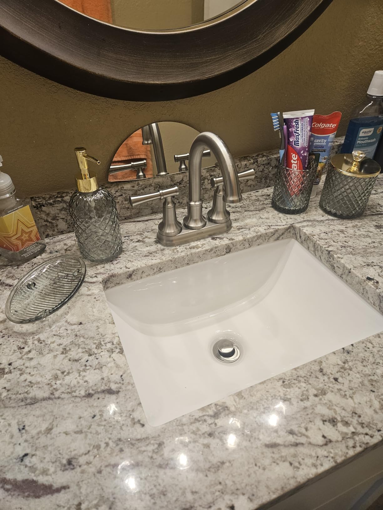 Haturi Bathroom Accessories Set, 4 Pcs Marble Look Sets Soap Dispenser & Toothbrush Holder Counter Top Restroom Apartment Decor Stuff, Glass Kits, Gift for Women and Men, Ink White customer photo 1