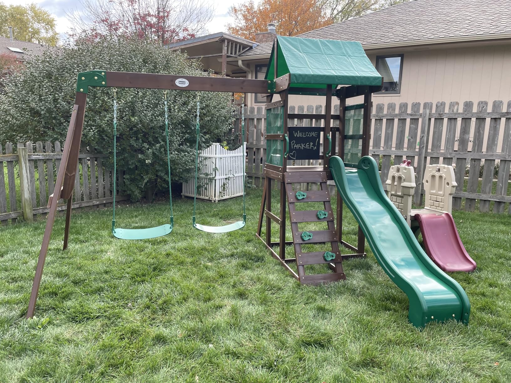 Backyard Discovery Buckley Hill Cedar Wood Swing Set with Wave Slide, Play Deck, Rock Wall Ladder, Belt Swings, Chalkboard, Canopy Roof, Outdoor Playset customer photo 1