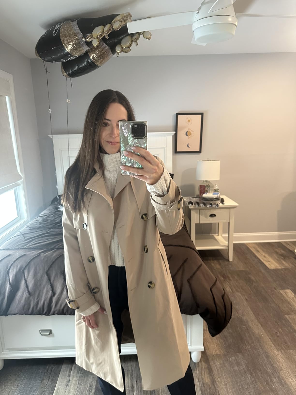 Women's 3/4 Length Double Breasted Trench Coat Lapel Jacket with Belt customer photo 1