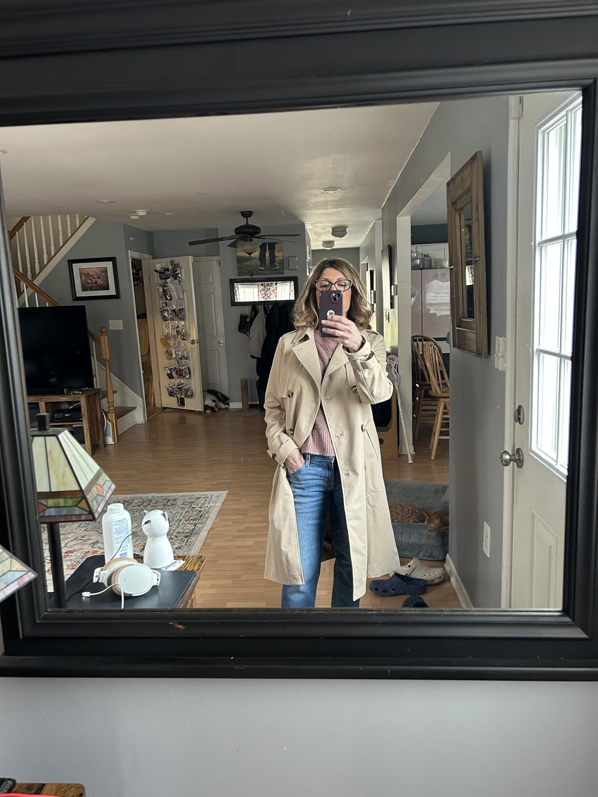 Women's 3/4 Length Double Breasted Trench Coat Lapel Jacket with Belt customer photo 2