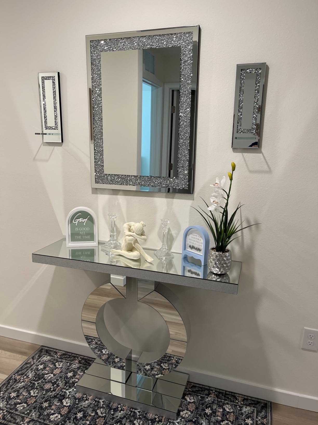 QMDECOR Rectangle Sparkling Decorative Wall Mirror for Home Decoration with Silver Crystal Crush Diamond Decor, Dimension 16x20x1 inch, Wall Hang Frameless Mirrors Glass Diamond Decor. customer photo 1