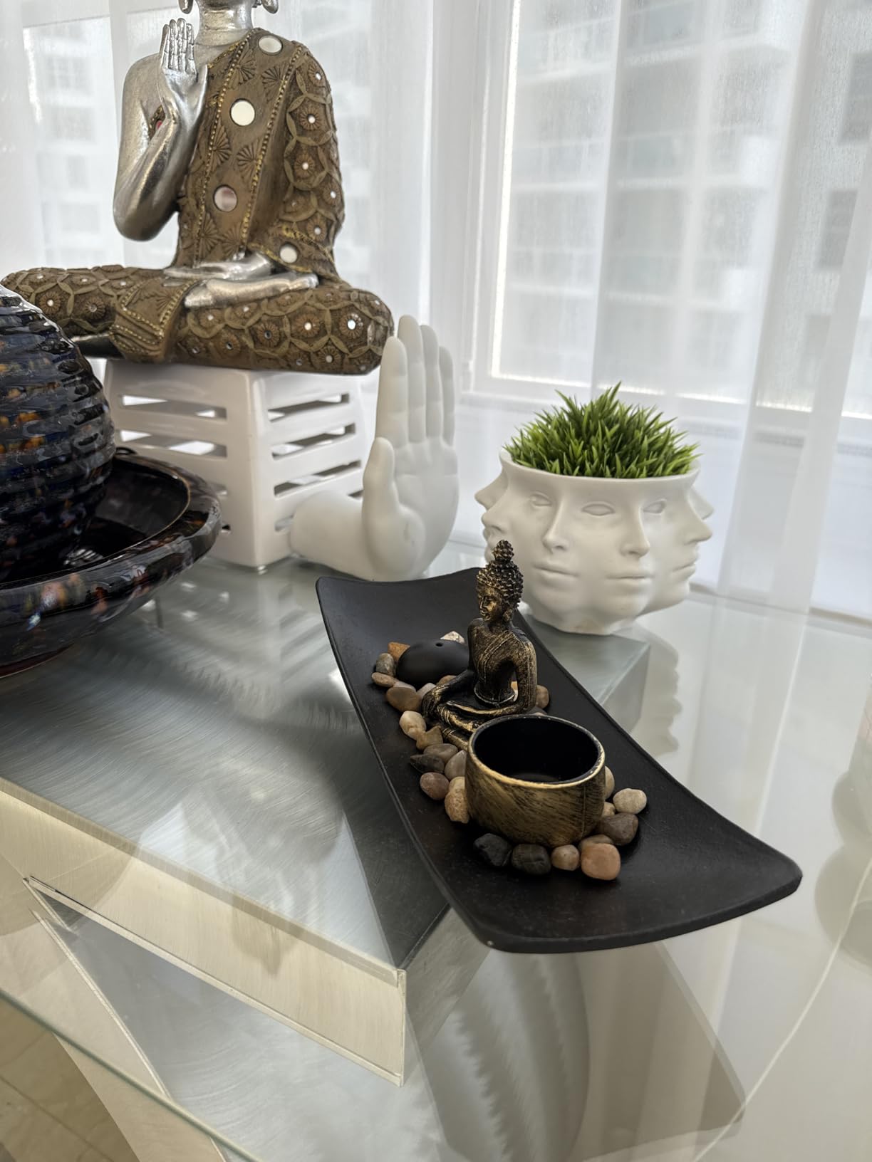 Jovivi Zen Garden Set Buddha Statue w/Tealight Candle Holder, Rocks & Incense Burner Holder & Wood Tray for Yoga Meditation Home Table Decor Gift customer photo 1