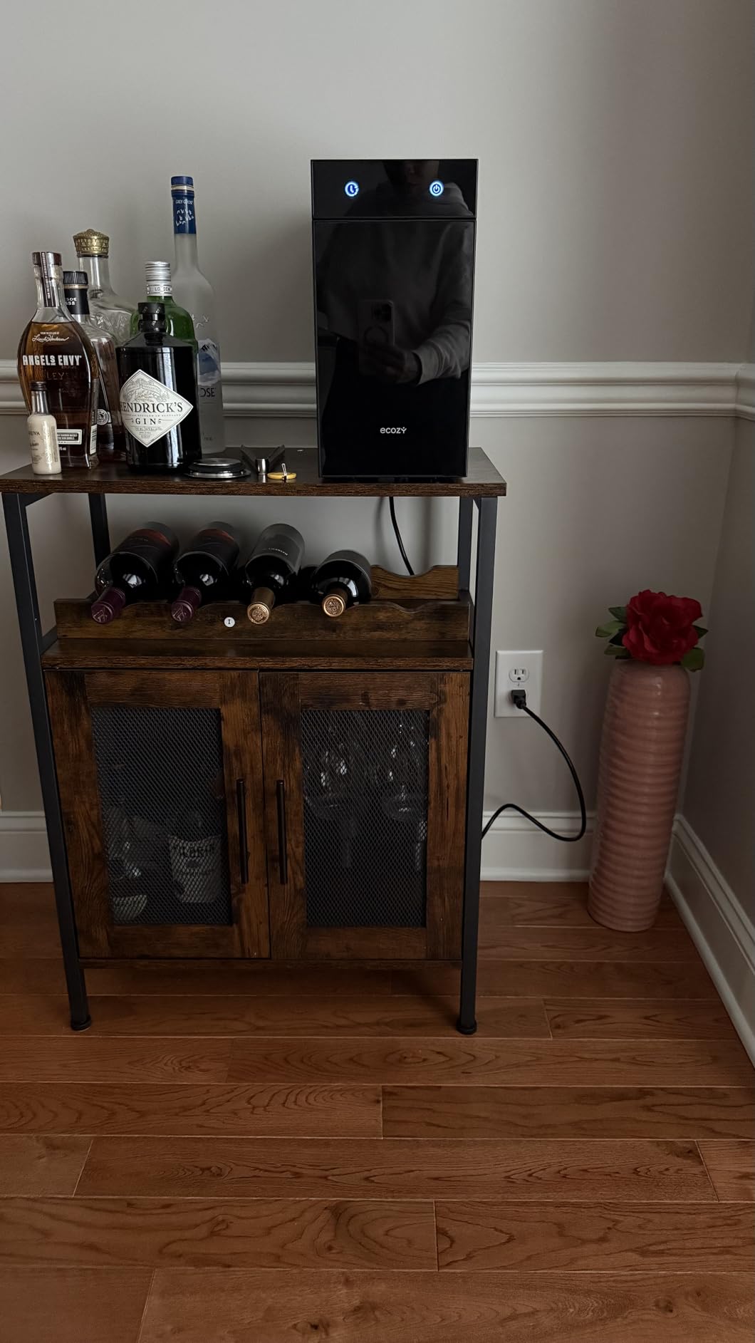 X-cosrack Wine Bar Rack Cabinet with Detachable Wine Rack, Coffee Bar with Glass Holder, Small Sideboard and Buffet Cabinet with Mesh Door, Rustic Brown(Patent Pending) customer photo 1
