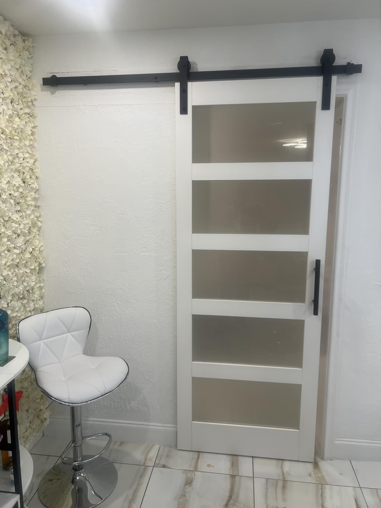 36x84 Inch Glass Sliding Barn Door Slab and 6.6ft Hardware Kit Included, 5 Frosted Glass, LVL Wood Panel Covered with White Water-Proof Scratch-Proof PVC Surface customer photo 2