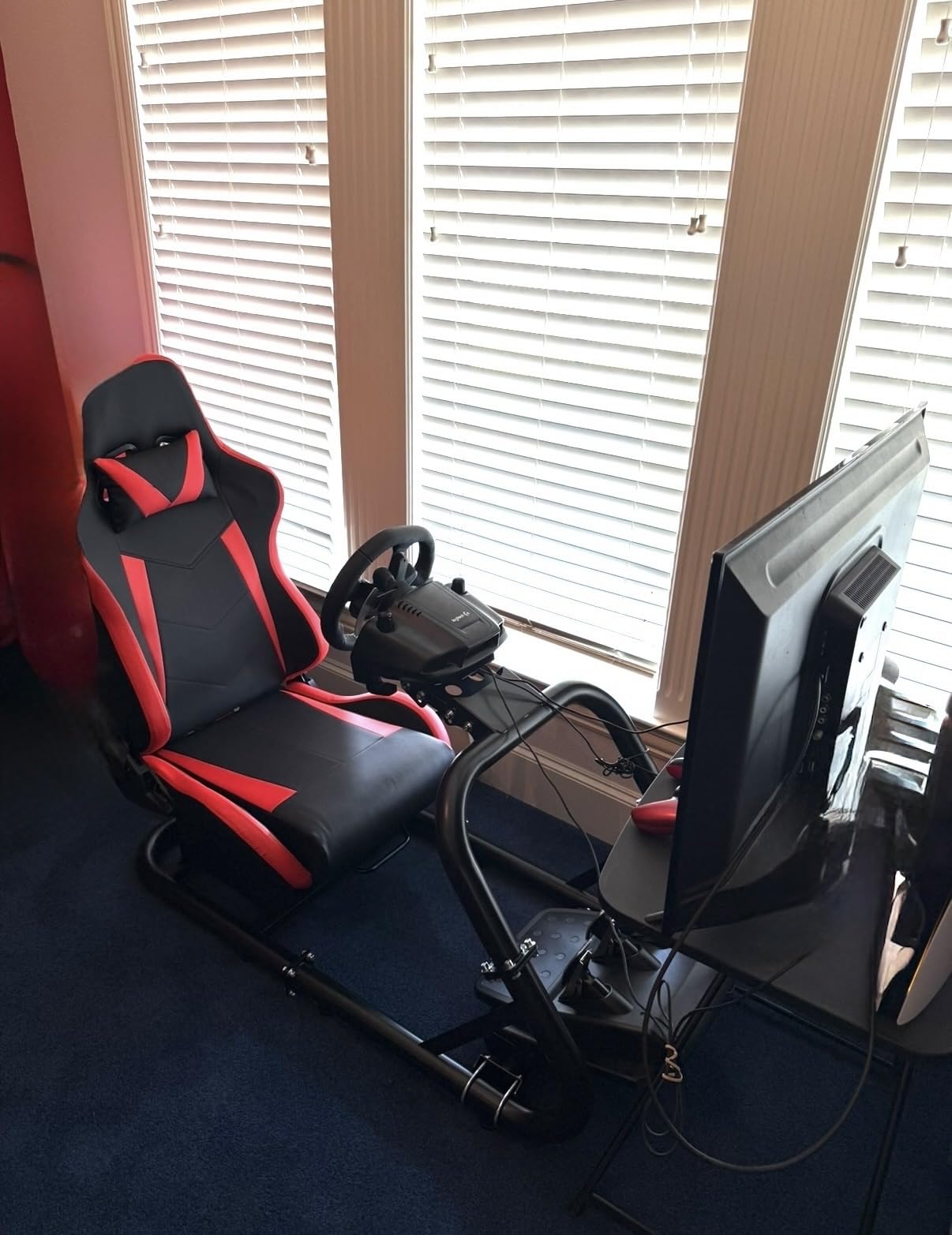 Marada Racing Sim Cockpit Stand with comfortable Seat Fit for Logitech G27 G923 G920,for Thrustmaster, Large Round Tube and Adjustable Professional Driving Race Mount,Wheel Pedal Handbrake Not Included customer photo 2