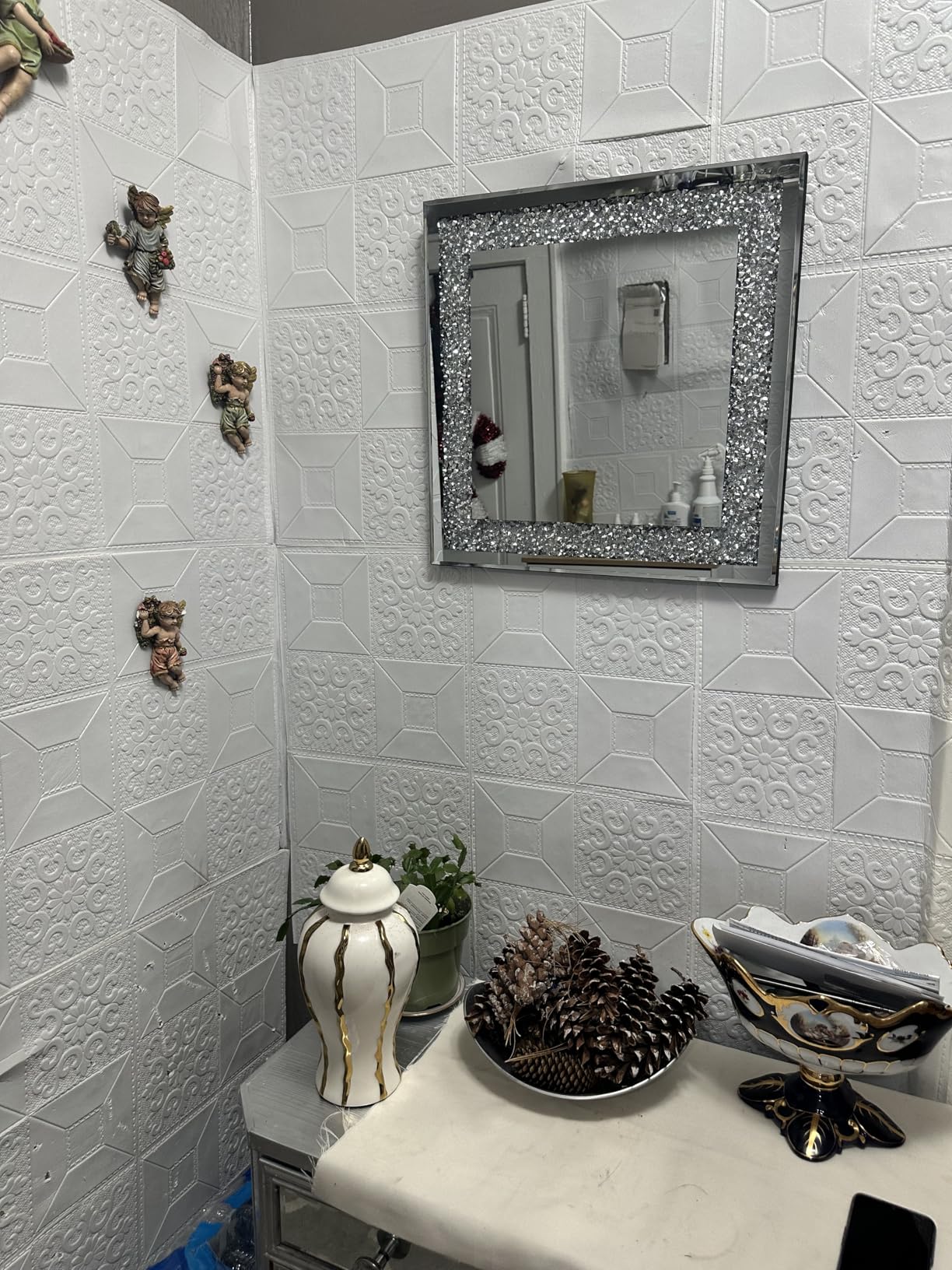Crystal Crush Diamond Sparkly Square Silver Mirror for Wall Decoration 20x20x1 inch Wall Hang Frameless Bling Stylish Gorgeous Glam Mirror Vanity Home Decor customer photo 1