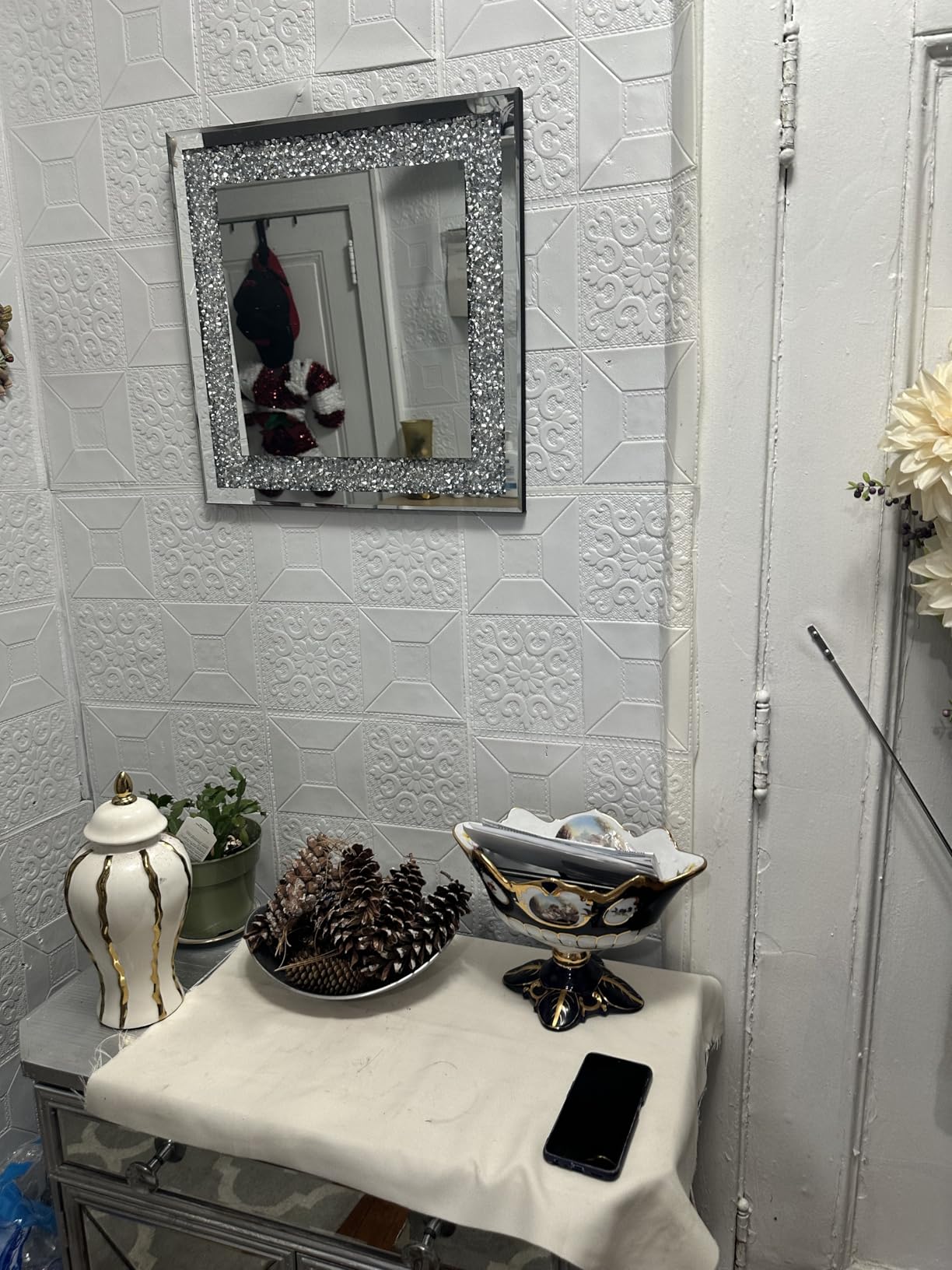Crystal Crush Diamond Sparkly Square Silver Mirror for Wall Decoration 20x20x1 inch Wall Hang Frameless Bling Stylish Gorgeous Glam Mirror Vanity Home Decor customer photo 2