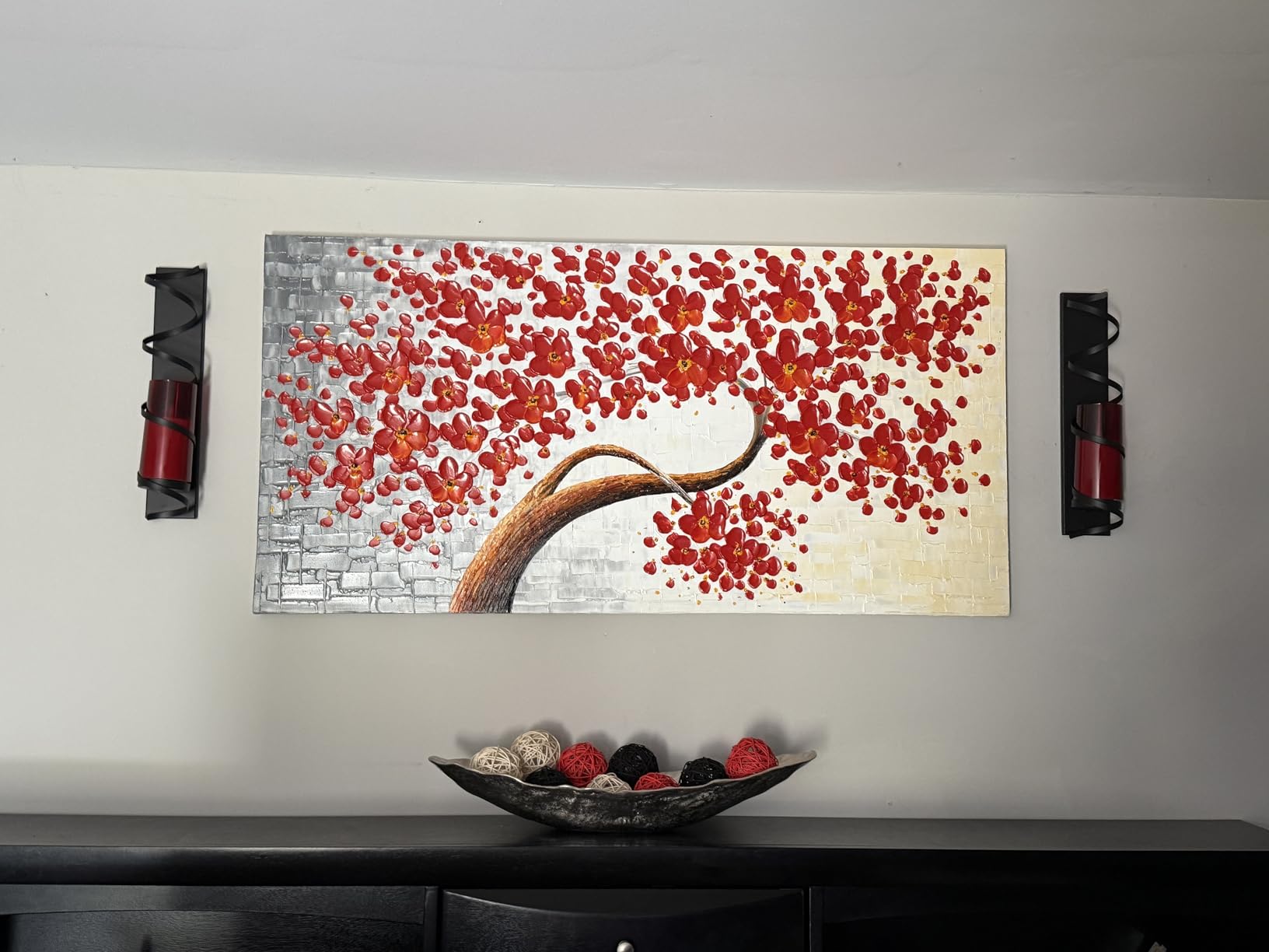 YaSheng Art -Large 3D Textured Framed Abstract Floral Oil Painting ,Wall Art for Living Room,hand painted Canvas Wall Art, Bedroom Wall Art Decor, 3D Red Floral Artwork, Modern Home Wall Decor 60x24inch customer photo 2