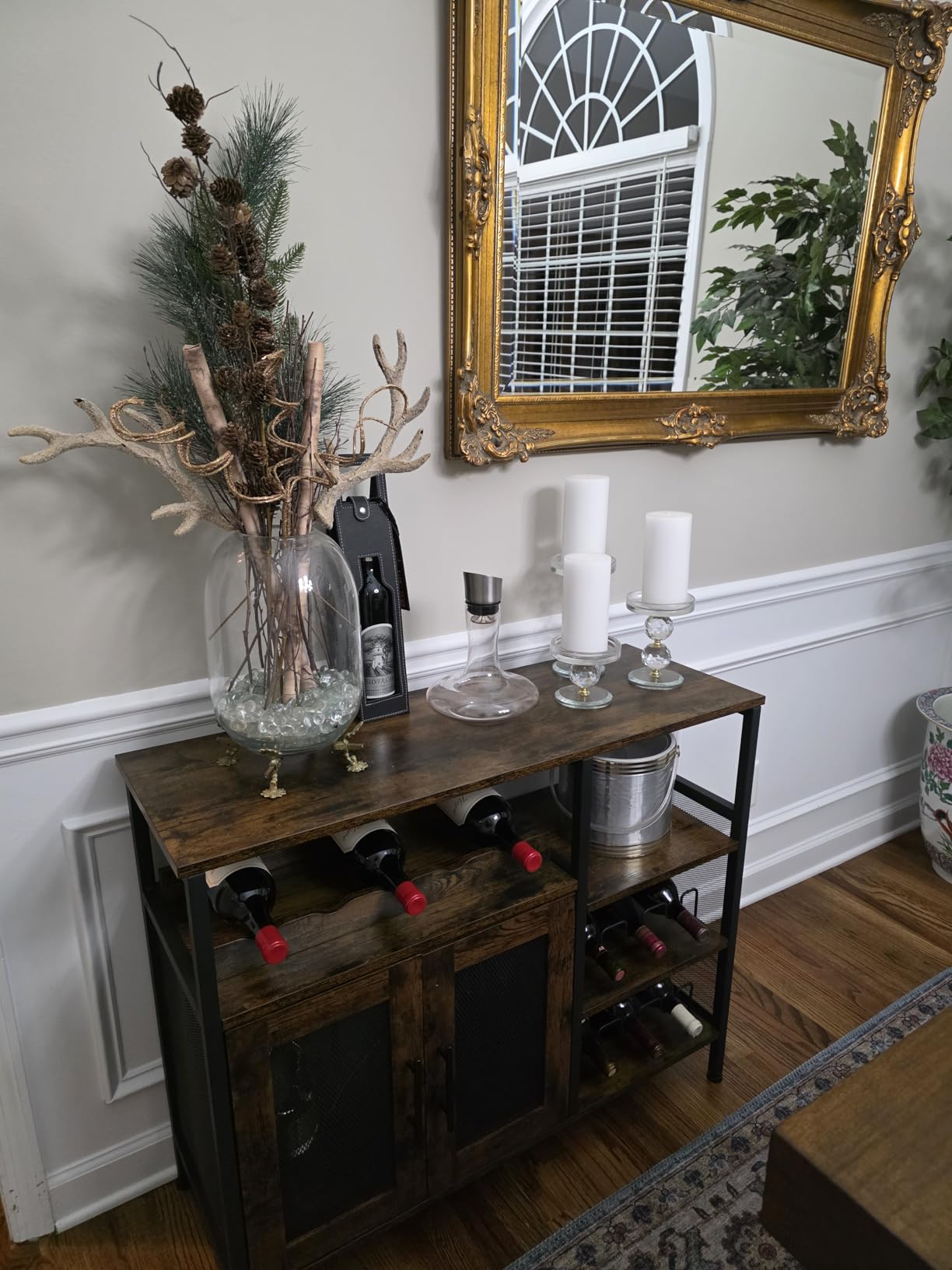 X-cosrack Wine Bar Rack Cabinet with Detachable Wine Rack, Coffee Bar Cabinet with Glass Holder, Small Sideboard and Buffet Cabinet with Mesh Door, Rustic Brown customer photo 1