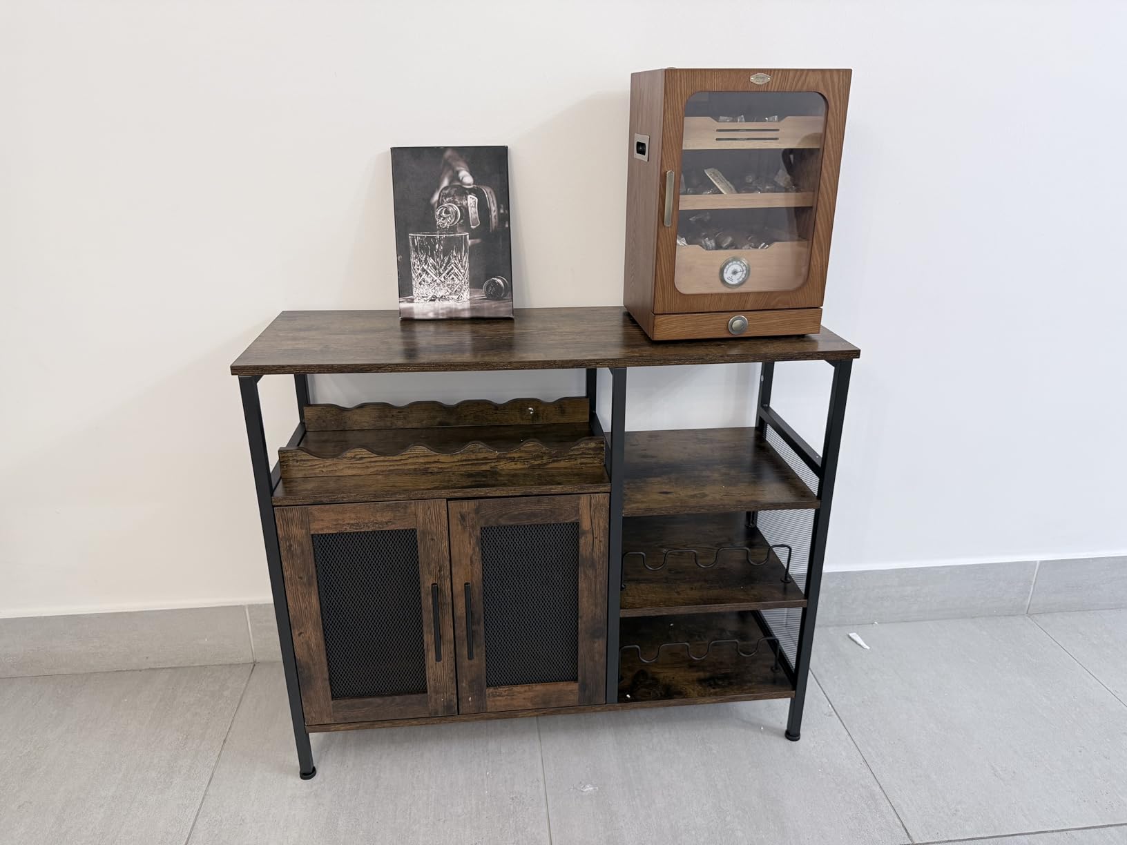 X-cosrack Wine Bar Rack Cabinet with Detachable Wine Rack, Coffee Bar Cabinet with Glass Holder, Small Sideboard and Buffet Cabinet with Mesh Door, Rustic Brown customer photo 2