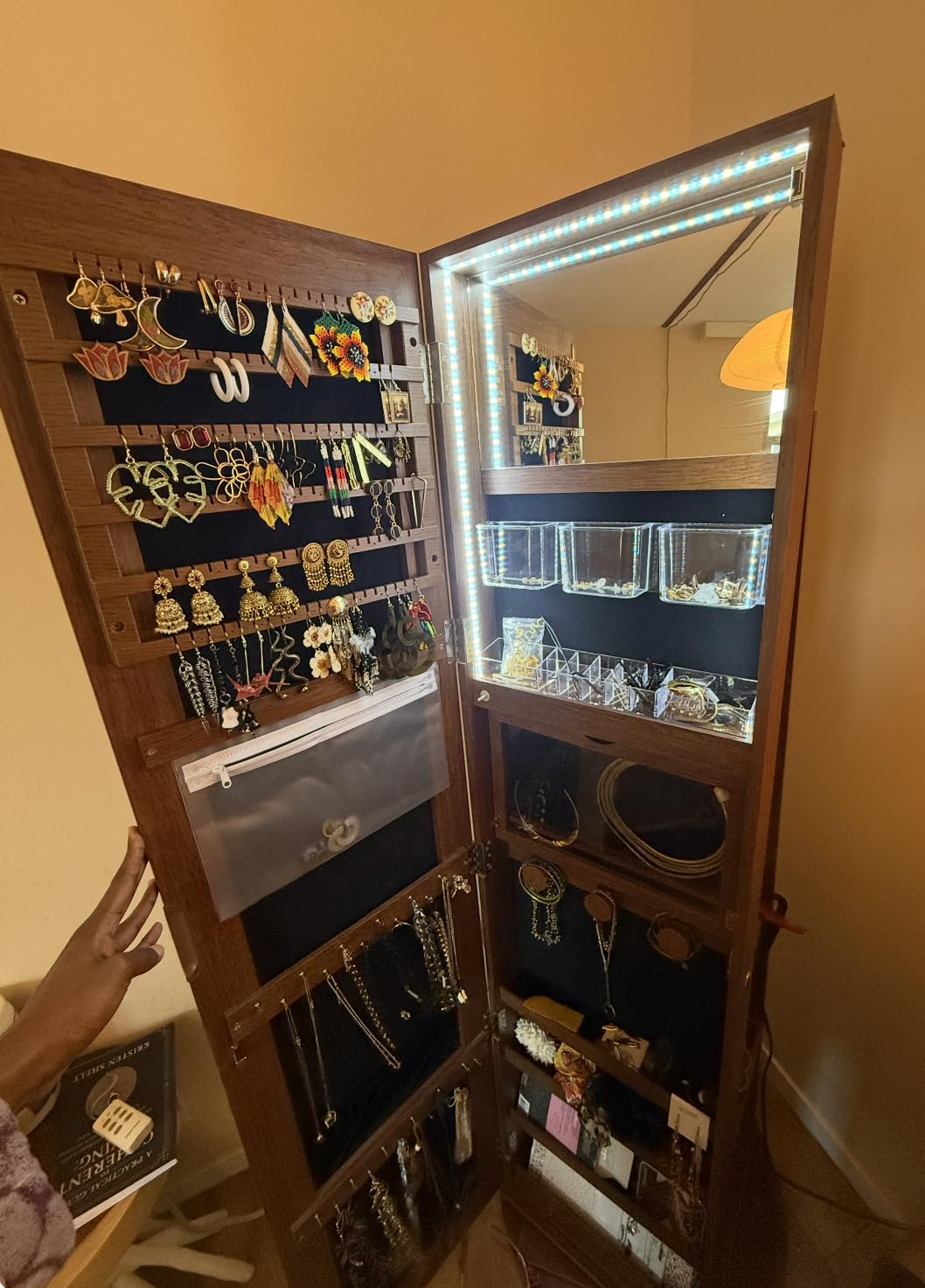 CHARMAID 360° Swivel Jewelry Armoire with Full Length Mirror, Rear Storage Shelves, Lockable Standing Jewelry Cabinet Organizer with Interior Vanity Mirror and 3-Color Lights (Walnut) customer photo 1