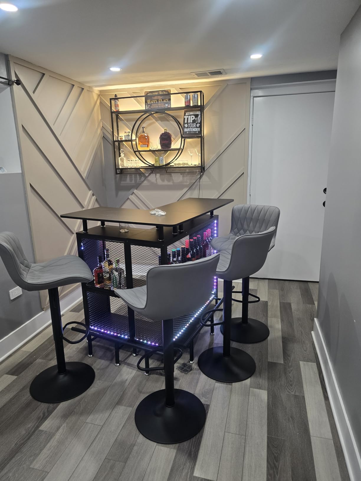 Tribesigns Home Bar Unit, L-Shaped Bar Table with Stemware Racks and 2-Tier Shelves, Corner Mini Coffee Liquor Cabinet with Footrest for Home/Kitchen/Pub, Black customer photo 1