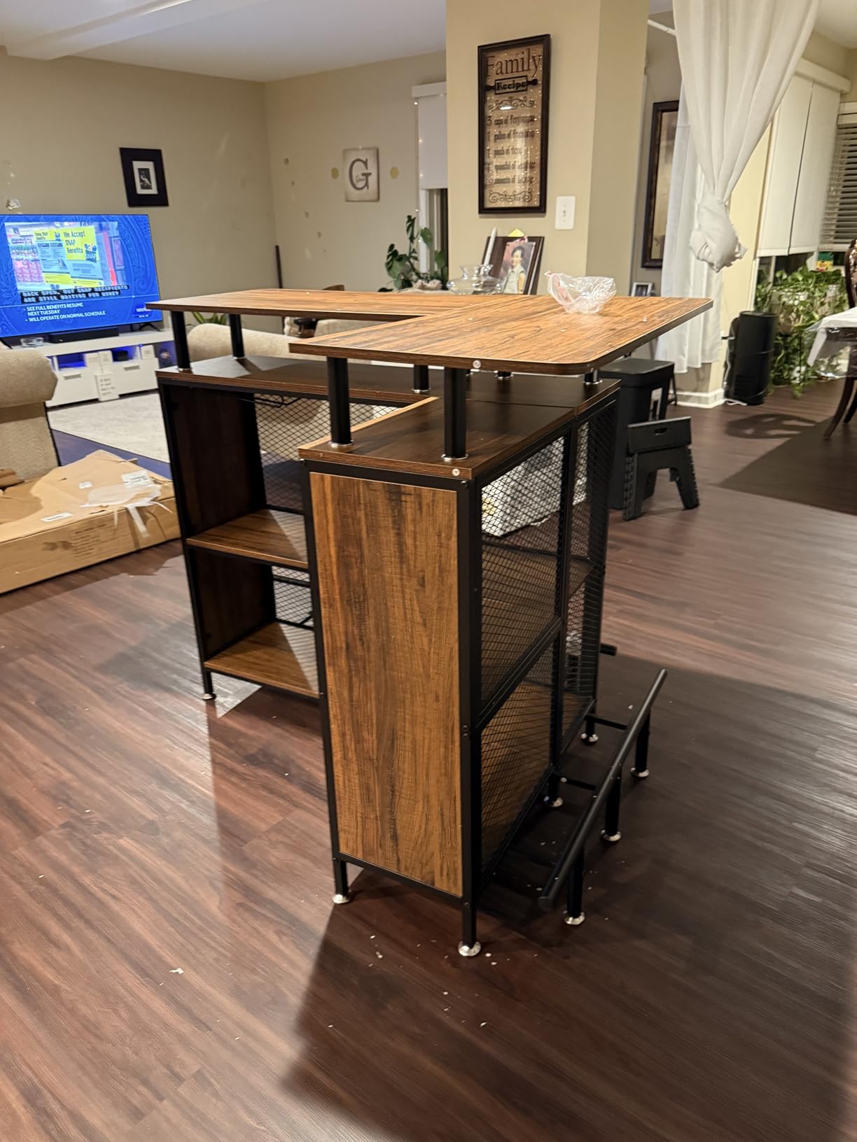 Tribesigns Home Bar Unit, L-Shaped Bar Table with Stemware Racks and 2-Tier Shelves, Corner Mini Coffee Liquor Cabinet with Footrest for Home/Kitchen/Pub, Black customer photo 2