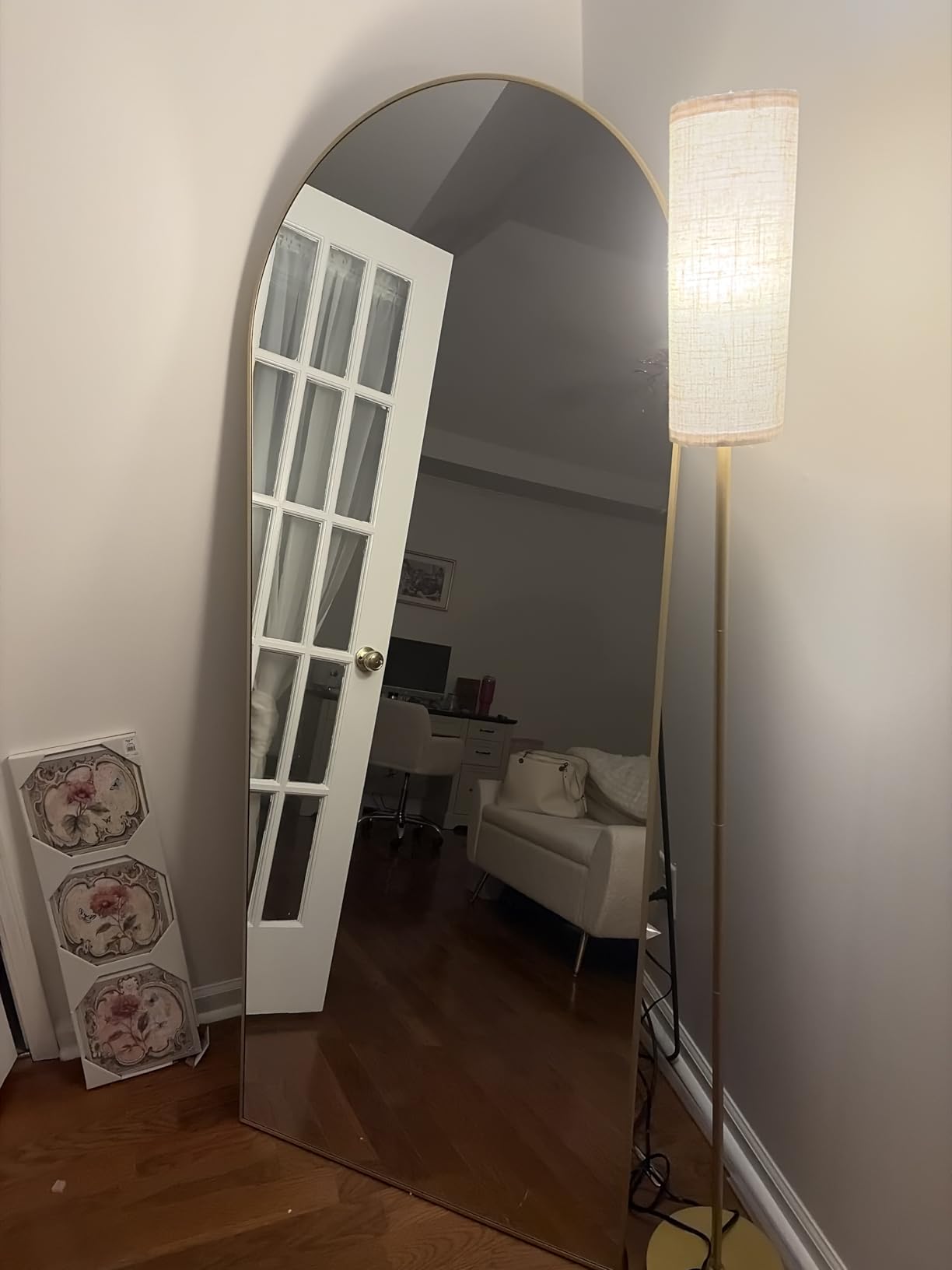 TinyTimes Full Length Mirror, 71''x30'' Floor Mirror with Stand, Arched Wall Mounted Mirror, Large Full Body Mirror with Aluminum Frame Hanging or Leaning for Bedroom, Living Room, Cloakroom (Gold) customer photo 2