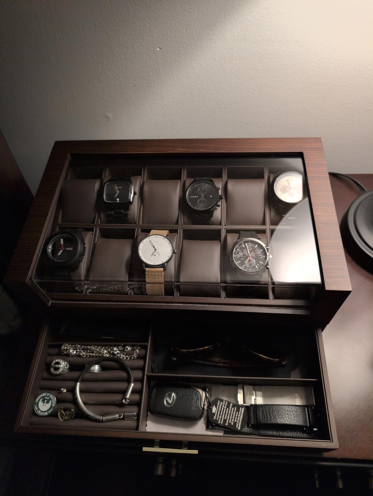 High End Watch Box for Men, 12 Slot Wooden Watch Case With Drawer, Watch Display Box with Glass Lid, 2-Layer (With Gift Box) customer photo 1