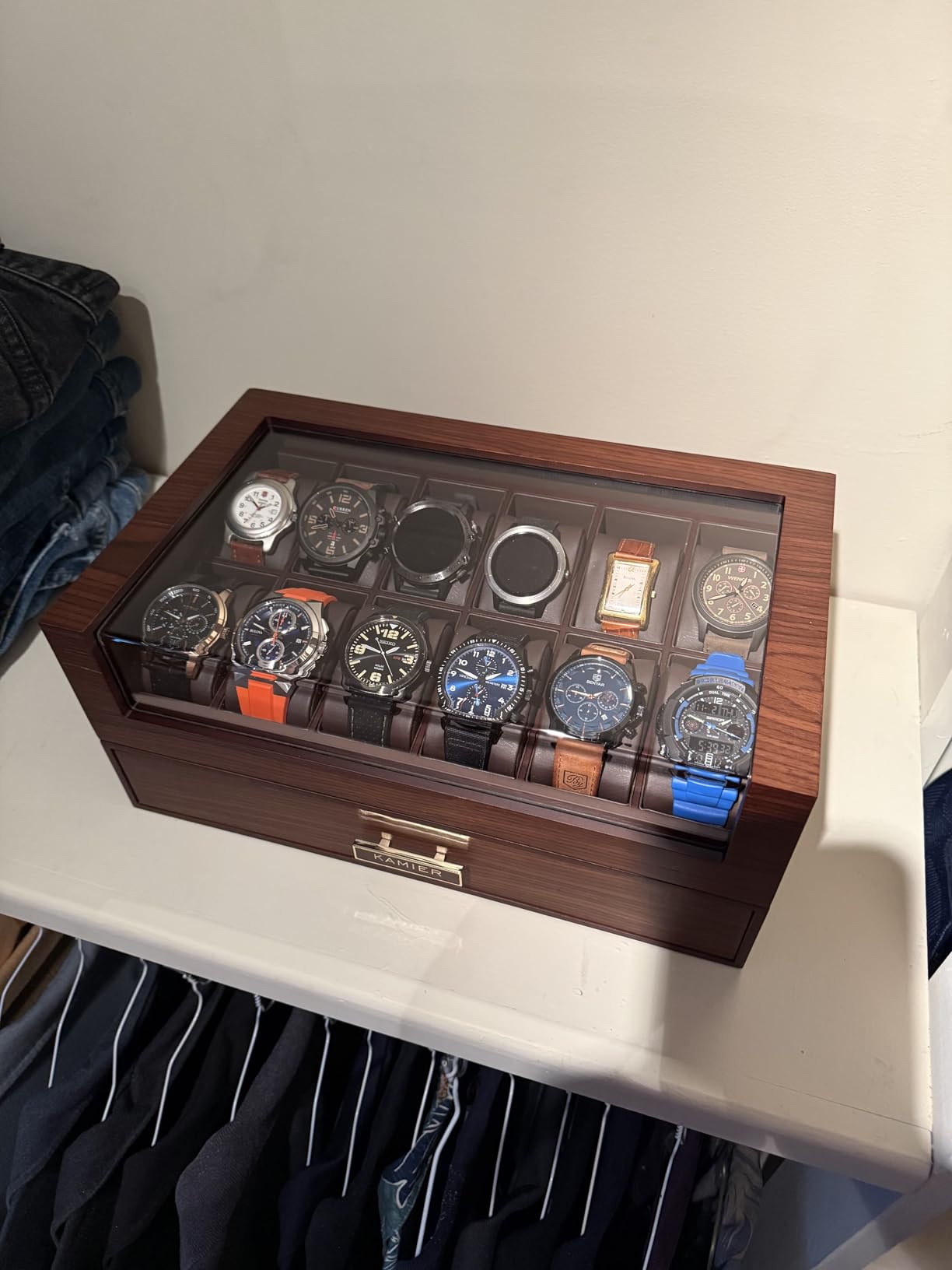 High End Watch Box for Men, 12 Slot Wooden Watch Case With Drawer, Watch Display Box with Glass Lid, 2-Layer (With Gift Box) customer photo 2