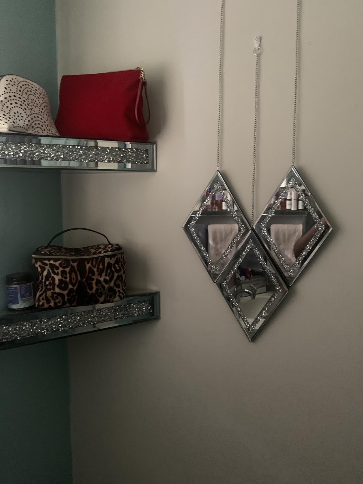 Pibeyer Silver Diamond Shaped Wall Mirror Set of 3, Decorative Crystal Crush Diamond Mirrors for Bedroom, Living Room & Hallway, Home Decor customer photo 2