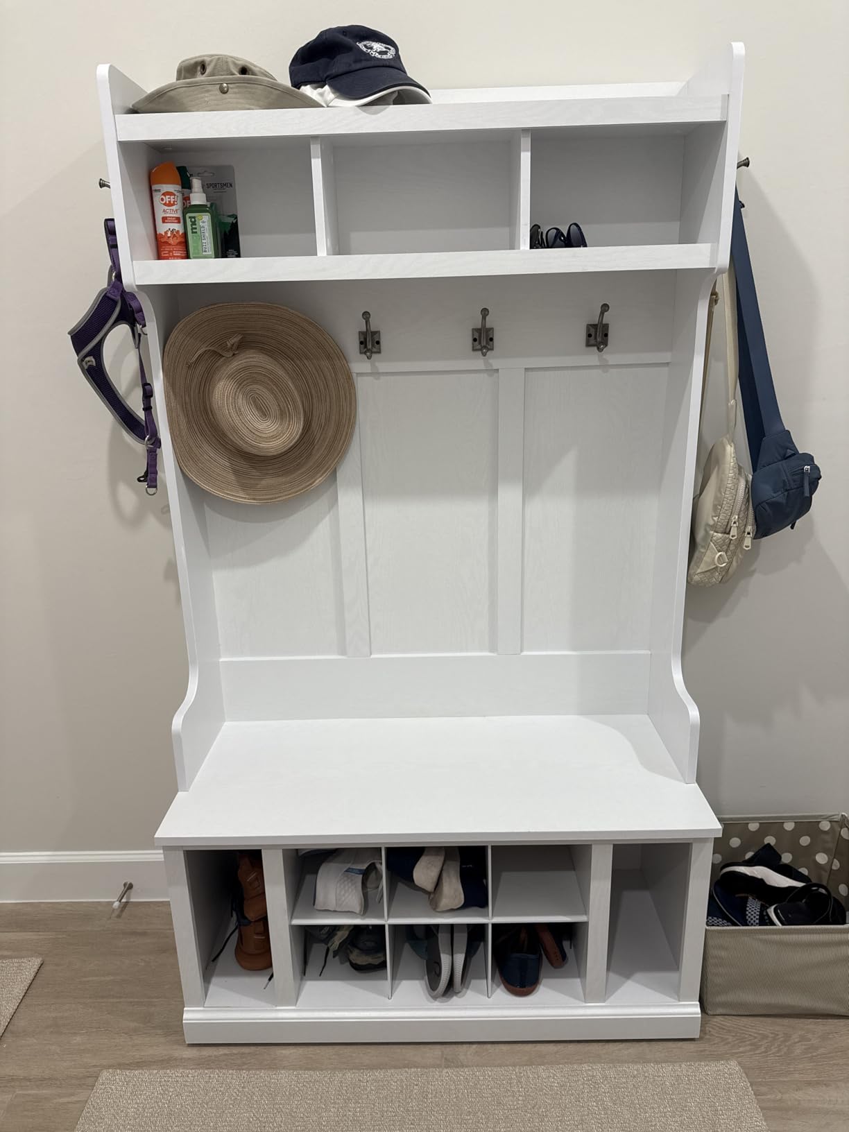 Bush Home Woodland 40W Hall Tree and Shoe Storage Bench with Shelves in White Washed Maple, Cubbies and Coat Hooks for Foyer, Mudroom or Entryway customer photo 2