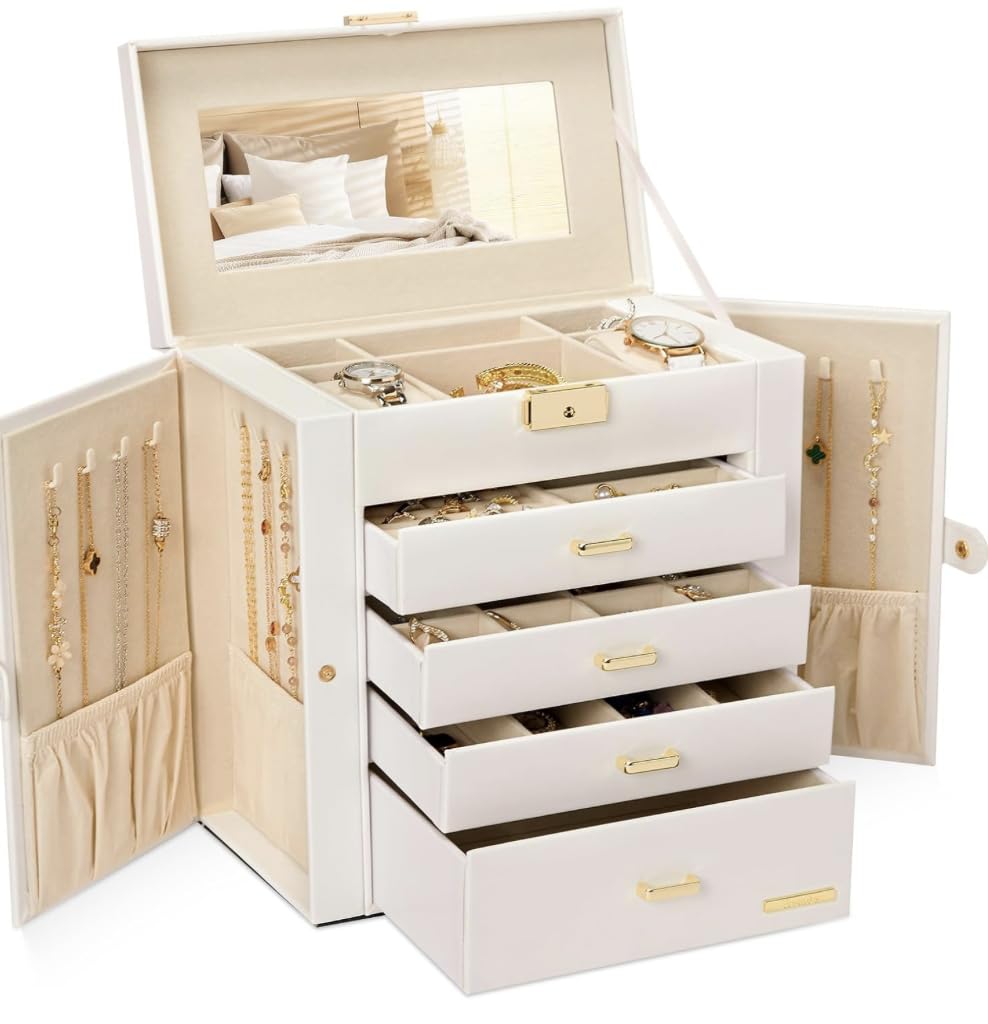 Homde Synthetic Leather Huge Jewelry Box Mirrored Watch Organizer Necklace Ring Earring Storage Lockable Gift Case customer photo 1