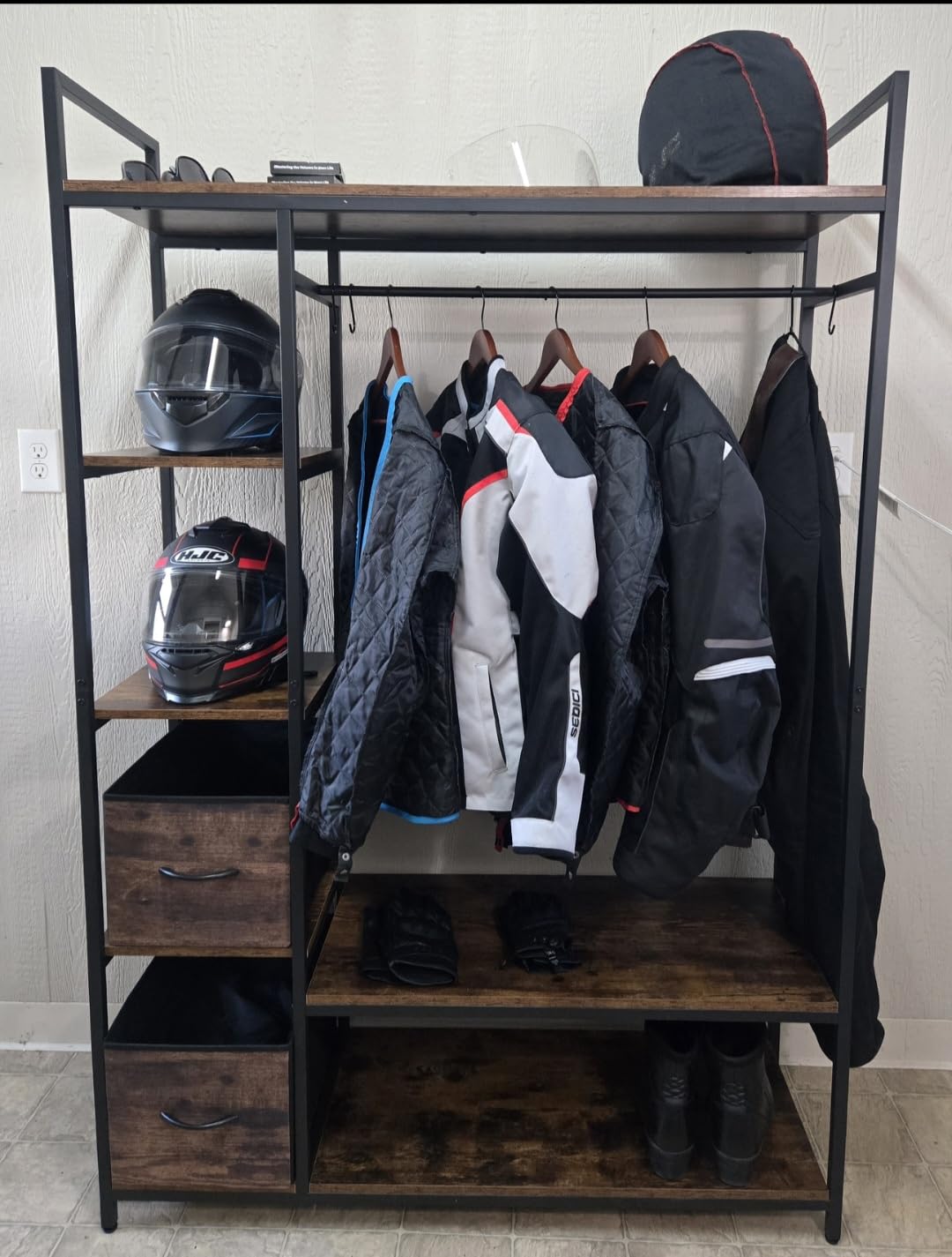 CAPHAUS 979lbs Capacity Garment Rack for Hanging Clothes, Heavy Duty Open Wardrobe w/Hanging Rods & Fabric Drawers, Free Standing Closet Organizer, Metal Closet Rack w/Rustic Oak Wooden Shelves customer photo 1