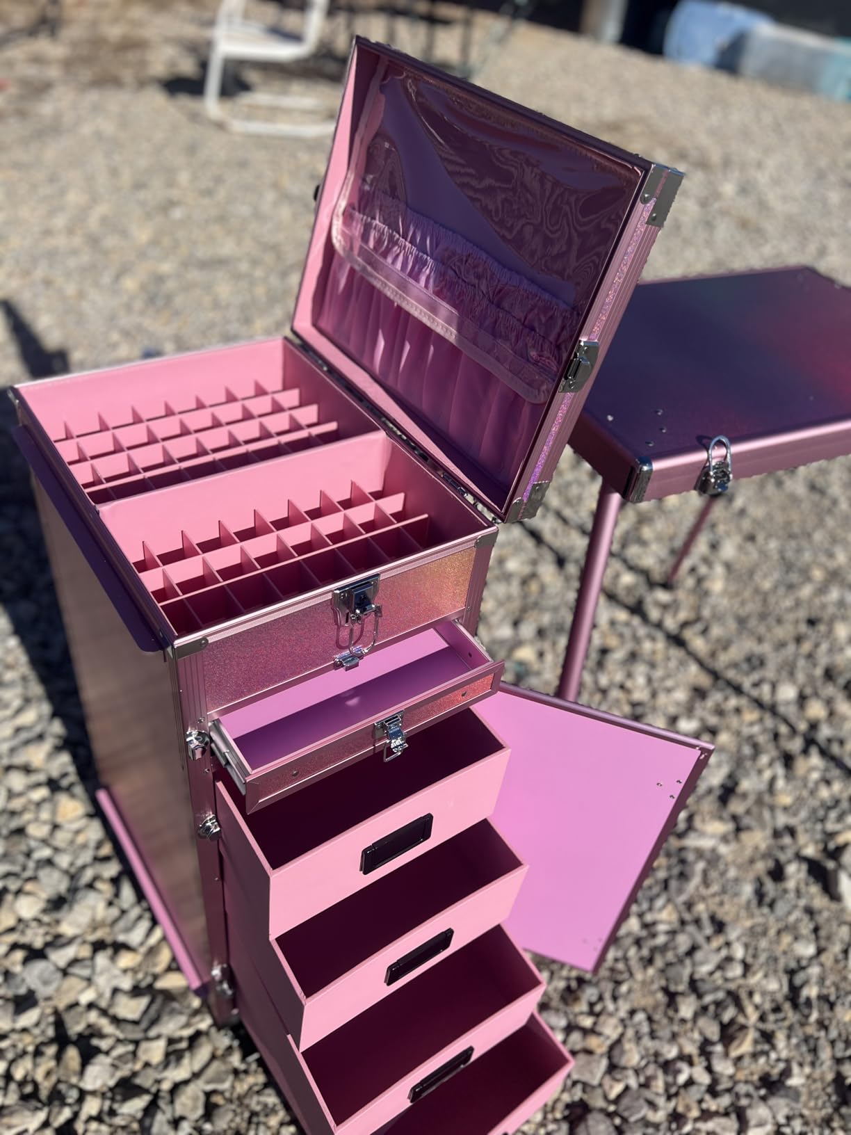 Joligrace Rolling Manicure Table 5 Drawers Makeup Case Foldable Nail Desk Cosmetology Case on Wheels Nail Tech Table with Brush Pouch for Technician Workstation Mobile Makeup Artist Trolley Black customer photo 1