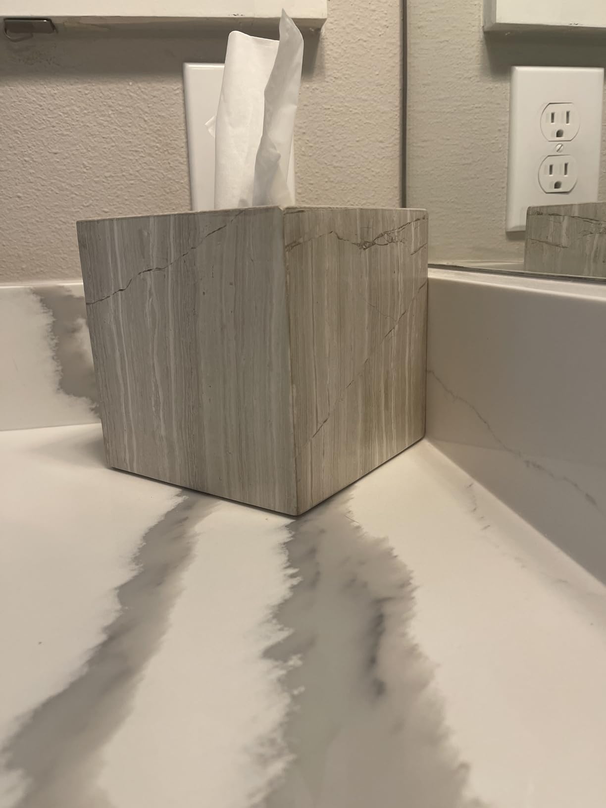 Natural Travertine Marble Tissue Box Holder Cover, Square Cube Tissue Box Holder with Open Bottom for Bathroom Vanity Tops, Bedroom Dressers, Kitchen Countertop, Travertine Beige customer photo 1