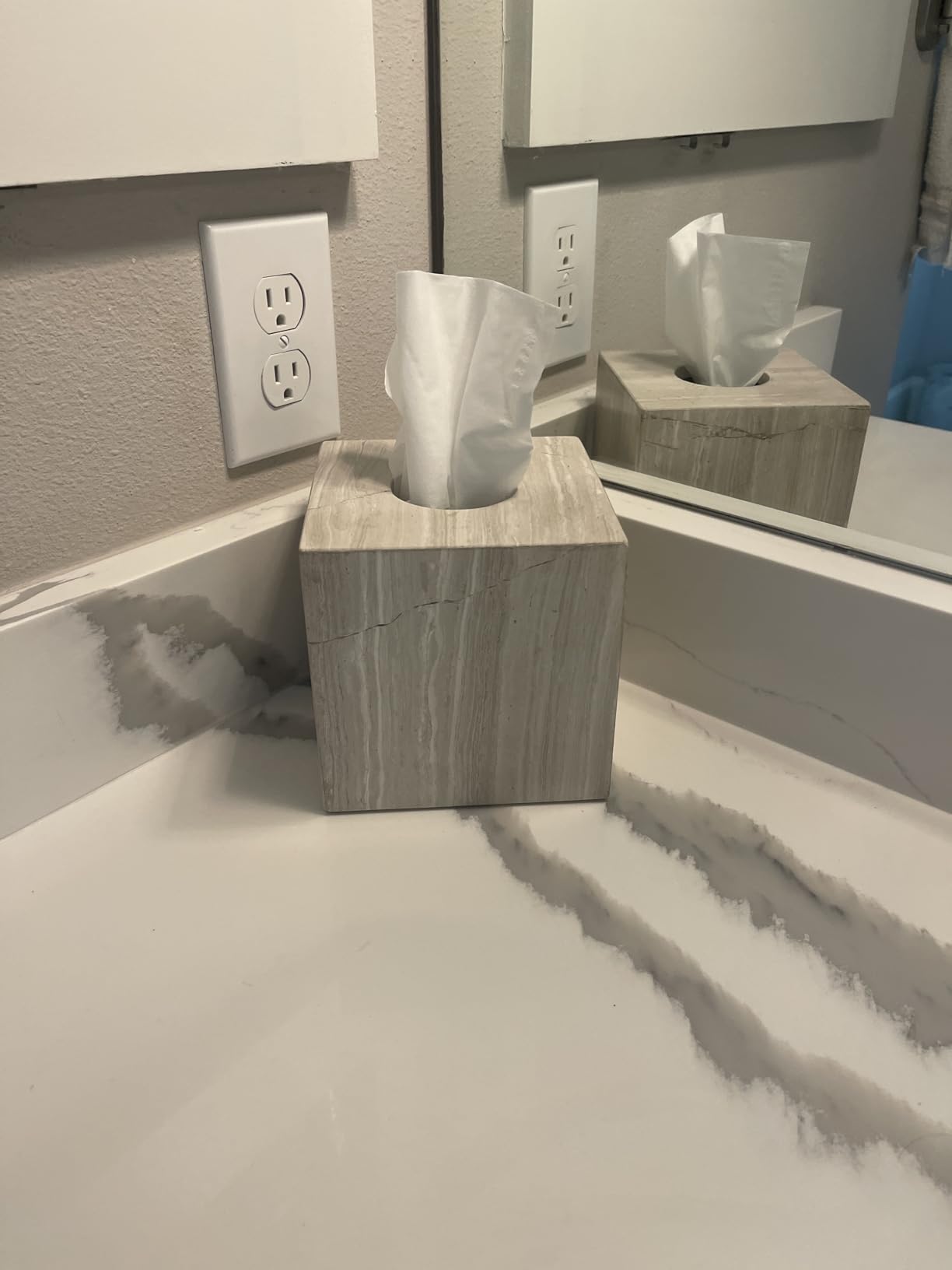 Natural Travertine Marble Tissue Box Holder Cover, Square Cube Tissue Box Holder with Open Bottom for Bathroom Vanity Tops, Bedroom Dressers, Kitchen Countertop, Travertine Beige customer photo 2