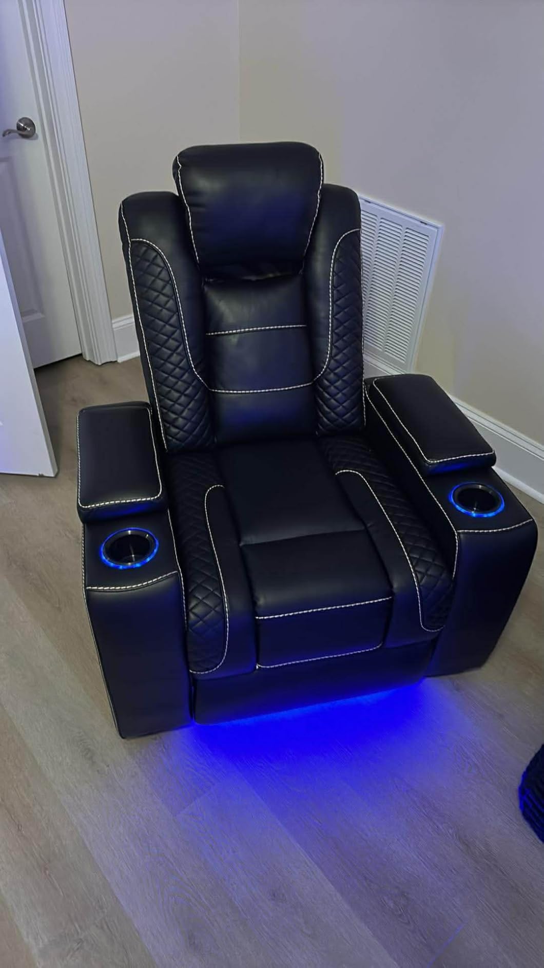 ANJ Power Home Theater Recliner Chair Set of 3, Electric Movie Theater Seating Reclining Chairs with Cup Holders for Living Room, Faux Leather with Blue LED, USB Ports, Hidden Arm Storage (Black) customer photo 2