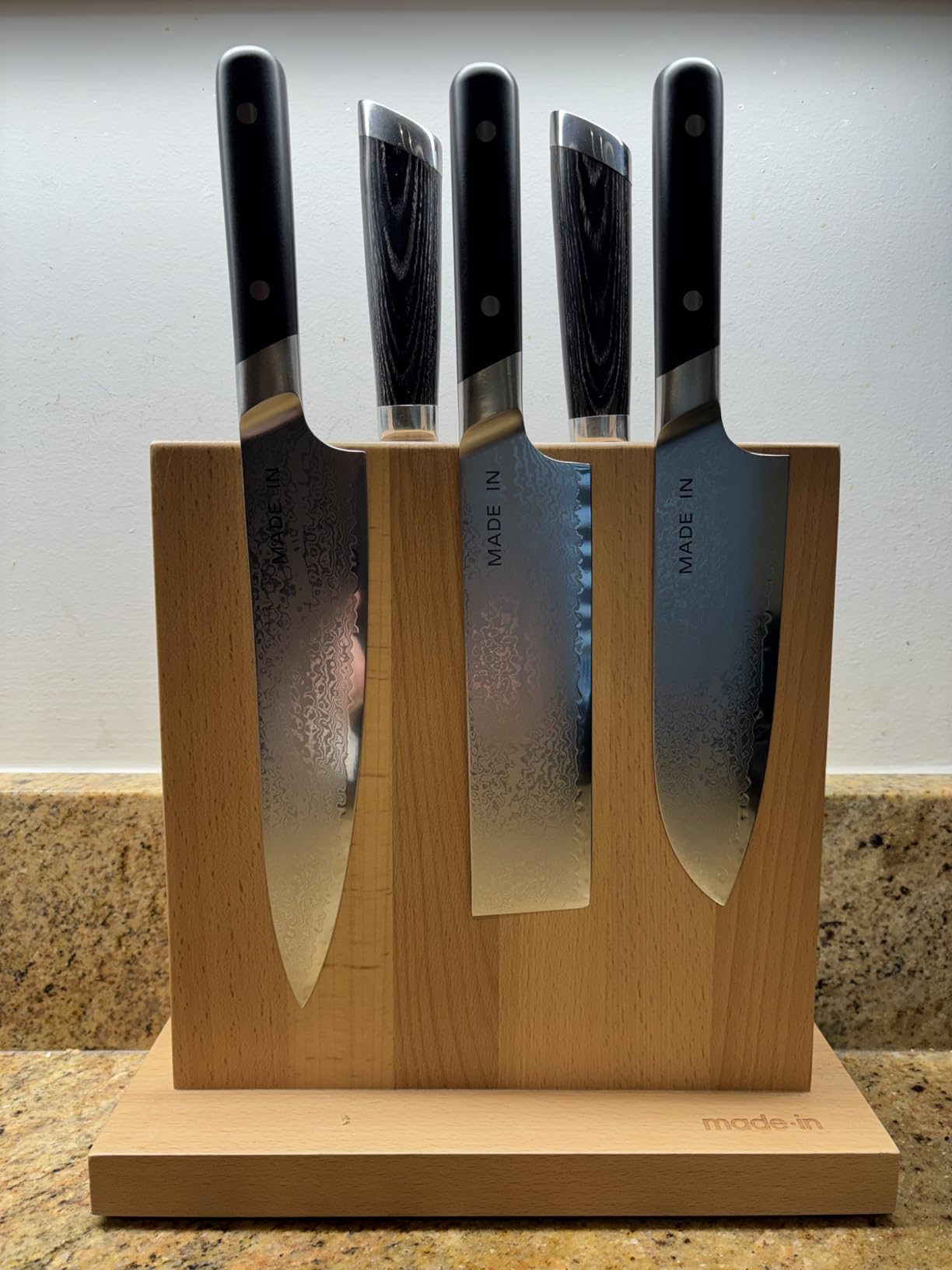 Made In Cookware | 3-piece Japanese Damascus Steel Knife Set (Includes Gyuto, Nakiri and Santoku) | 66 Layers of Damascus Steel with a VG-10 Core | Crafted in Japan | Full Tang With Black POM Handle customer photo 1