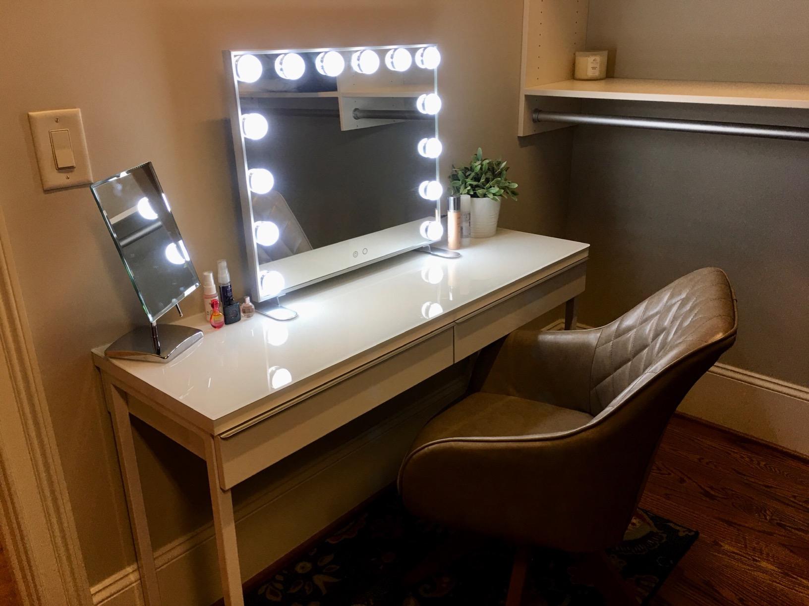 BEAUTME Large Vanity Mirror with Lights, 36''×24'' Makeup Mirror, Light up Mirror with 16 Dimmable LED Bulbs and 3 Color Lighting Modes, Tabletop or Wall Mounted, Silver customer photo 1
