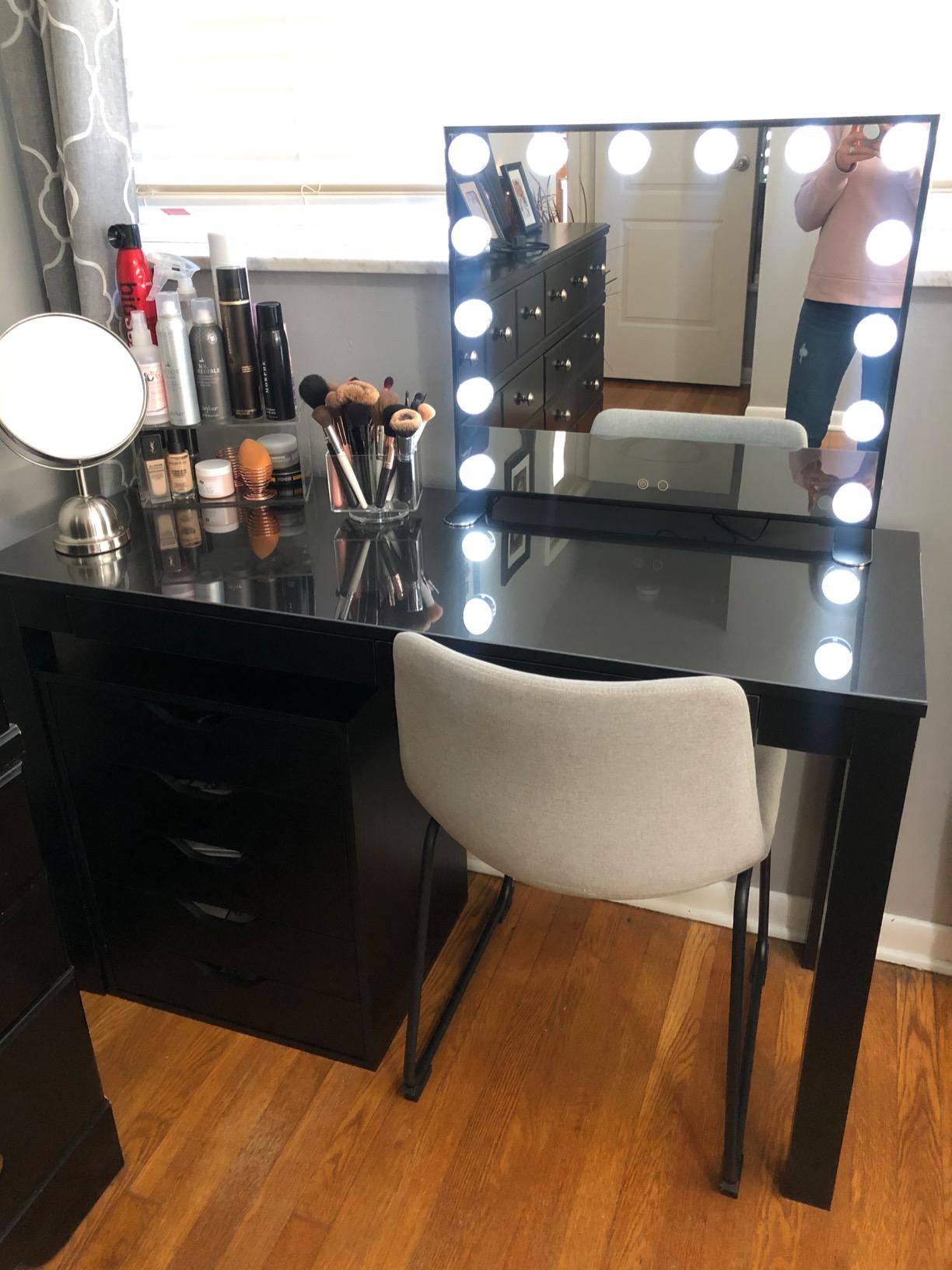 BEAUTME Large Vanity Mirror with Lights, 36''×24'' Makeup Mirror, Light up Mirror with 16 Dimmable LED Bulbs and 3 Color Lighting Modes, Tabletop or Wall Mounted, Silver customer photo 2