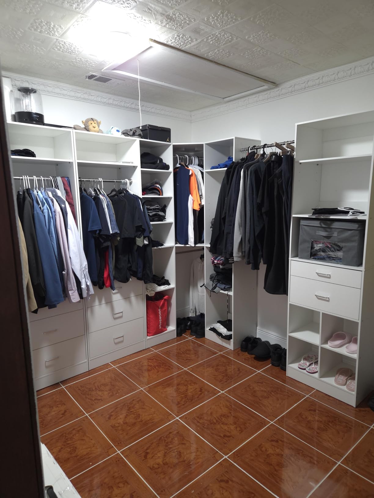 Corner Closet System with 5 Drawers, Closet Organizer System with 15+Shelvess & 4 Hanging Rods, 63.2