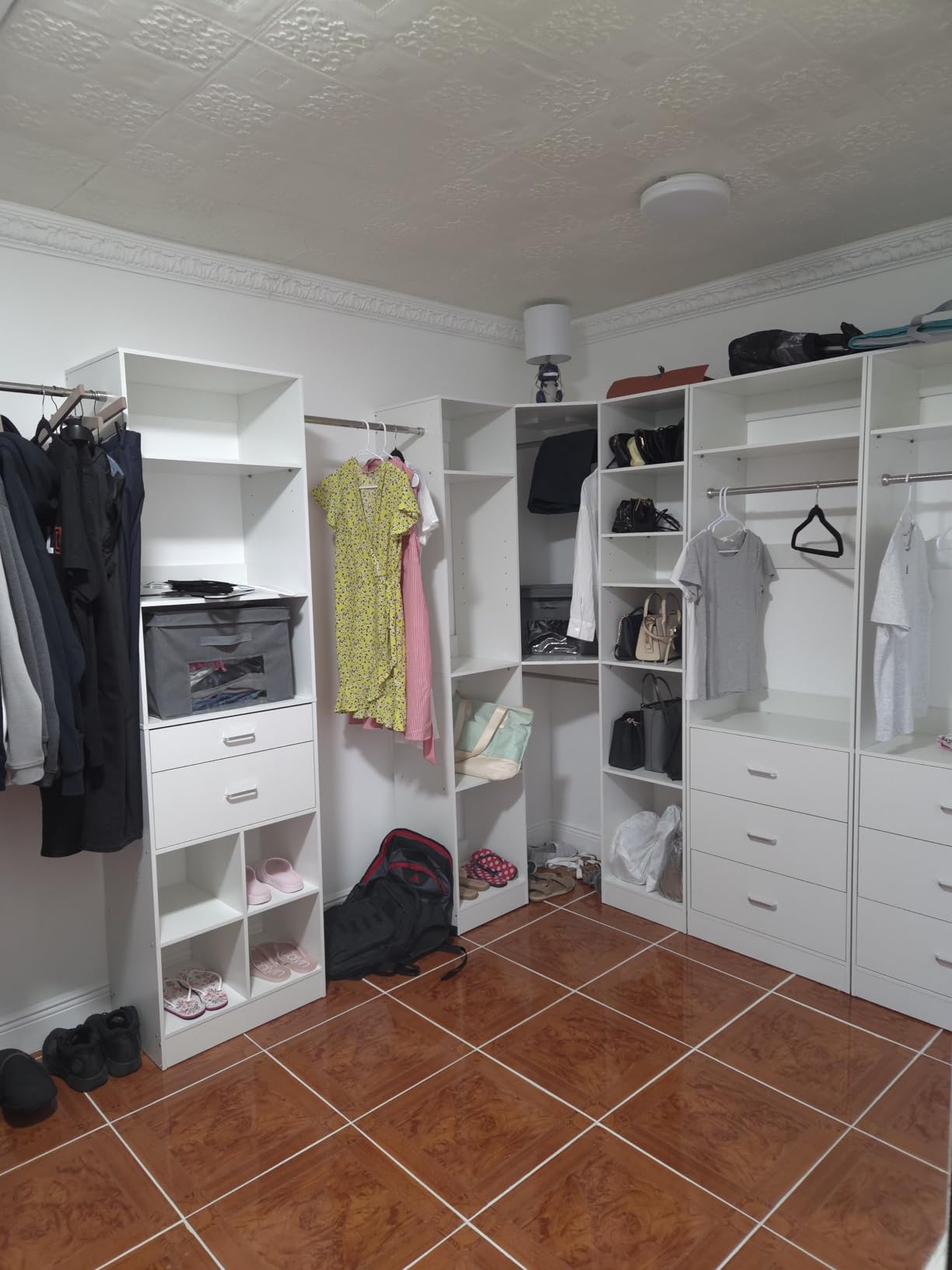 Corner Closet System with 5 Drawers, Closet Organizer System with 15+Shelvess & 4 Hanging Rods, 63.2
