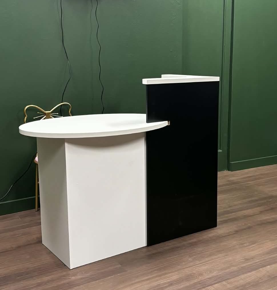 Reception Desk, 48'' Retail Counter Table w/Lockable Drawer & Storage Shelf, L-Shaped Reception Table, Wooden Computer Desk for Salon, Restaurant, Office (White) customer photo 1