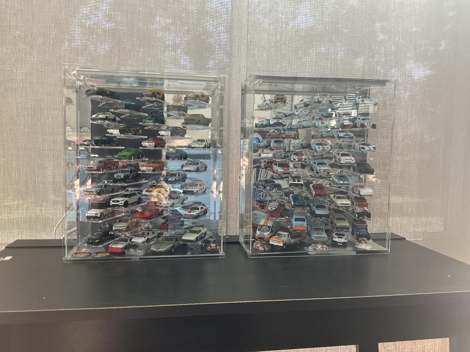 Display Case for Hot Wheels Cars, Compatible with 1:64 Scale Diecast Cars, Wall Mountable/Tabletop Display Case with LED Lights and Dustproof Cover, Maximum 40 Toy Cars, Mirrored Background customer photo 1