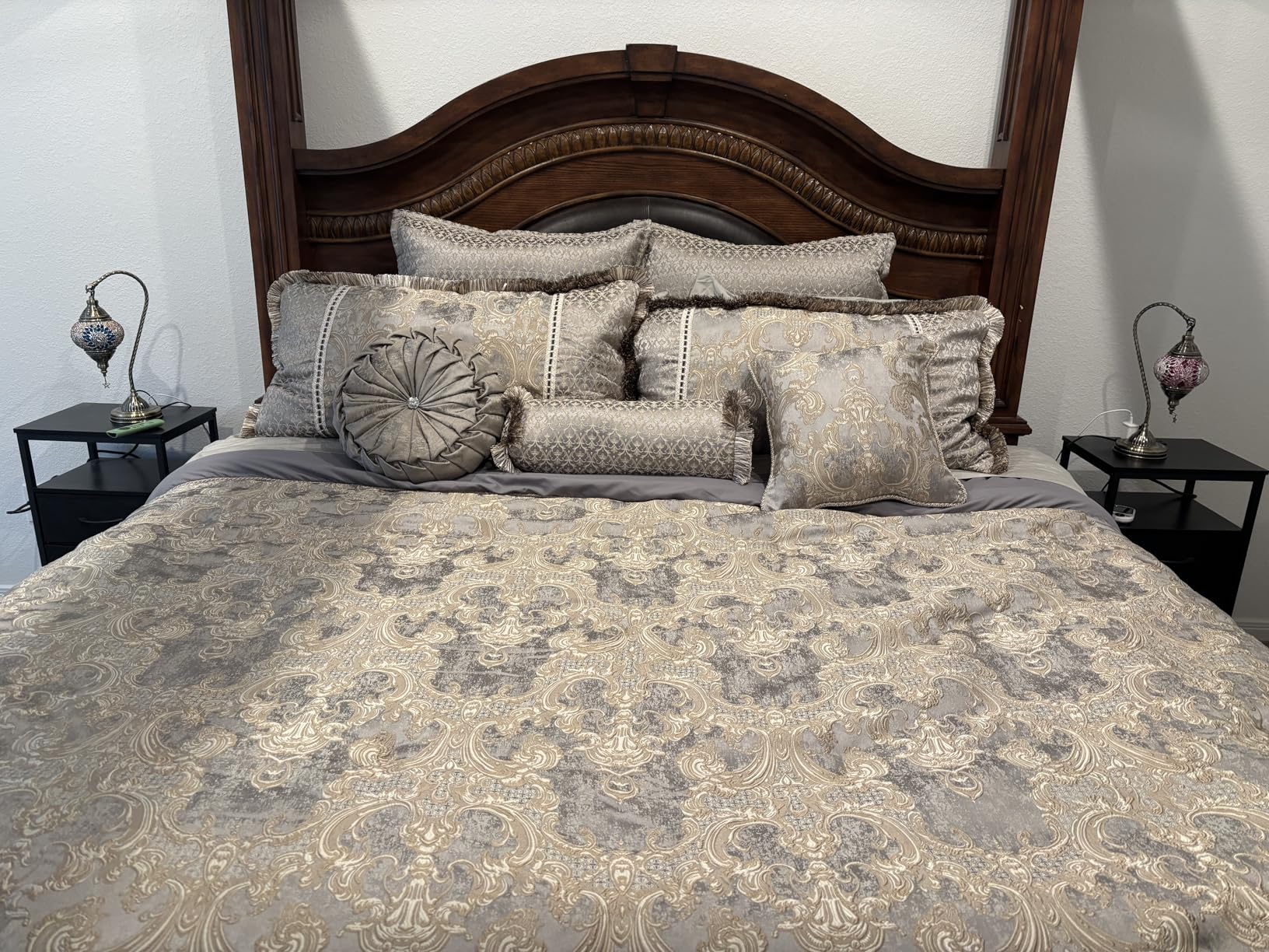 Loom and Mill 9-Piece Jacquard Comforter Set King, Royal Elegant Damask Design Comforter Sets, Luxury Bedding Set with Bed Skirt, Euro Shams, Decorative Pillows, All Season (Gray+Beige Brown, King) customer photo 1