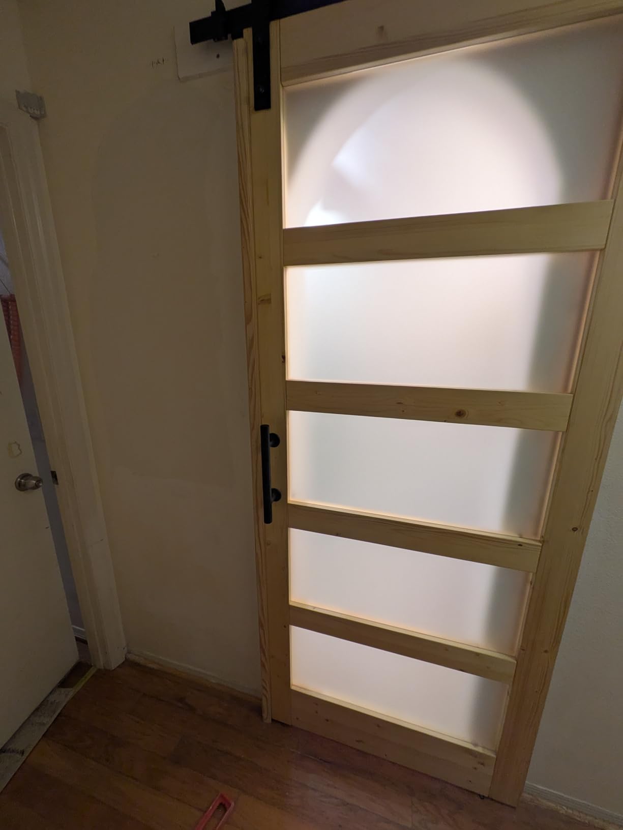 32'' x 84'' Glass Barn Door and 6 Ft Brushed Nickel Hardware Kit Included, MDF White Barn Door Slab with Frosted Glass, PVC Surface, Combined with Handle and Floor Guide-Assembly Required customer photo 1
