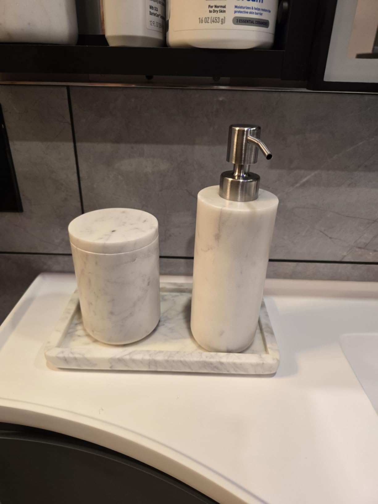 Cork & Mill Marble Bathroom Accessories Set, Solid Natural Marble, Complete Vanity Set with Soap Dispenser, Toothbrush Holder & Canister with Lid for Qtips, White Bathroom Countertop Decor customer photo 1
