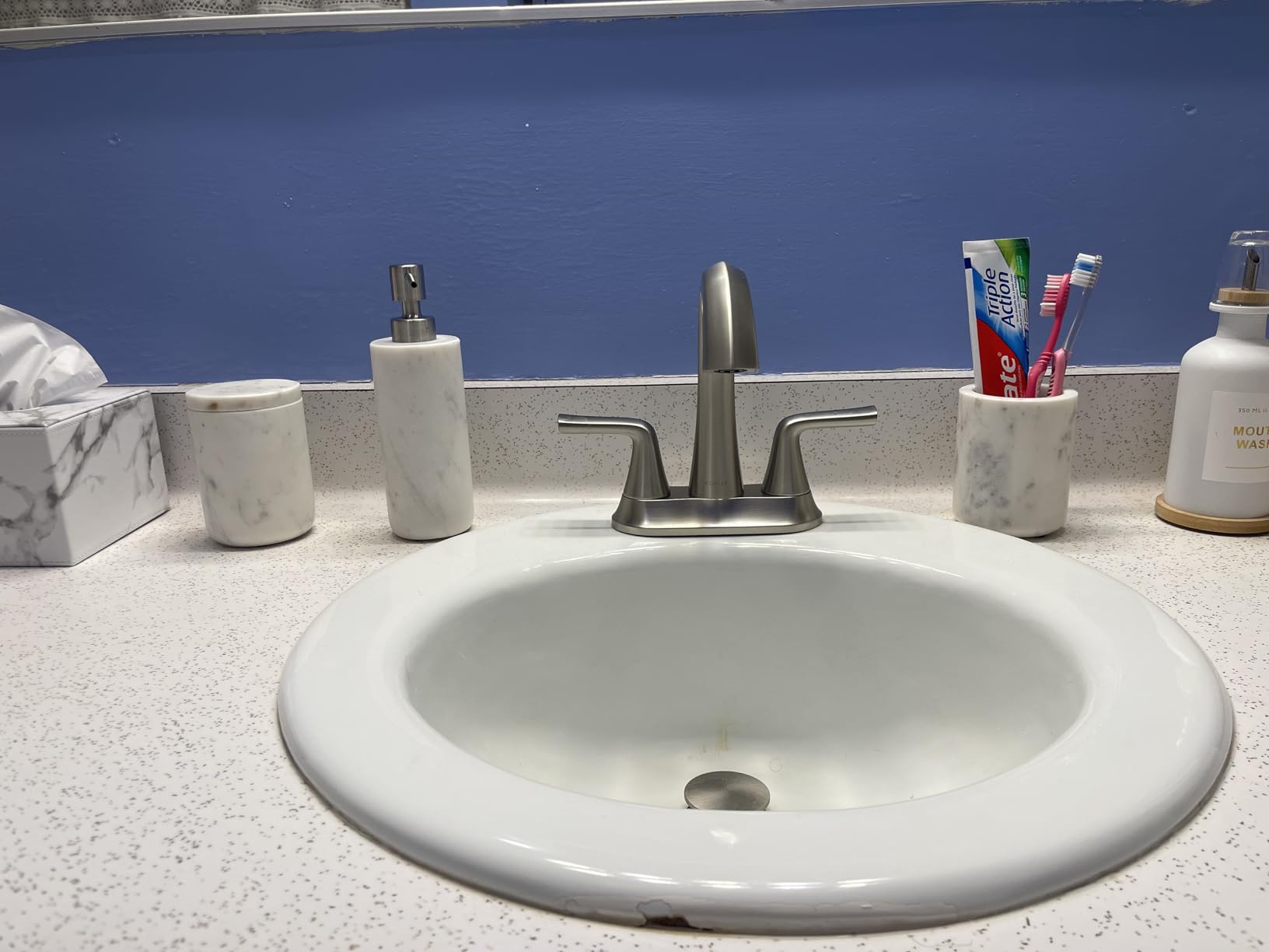 Cork & Mill Marble Bathroom Accessories Set, Solid Natural Marble, Complete Vanity Set with Soap Dispenser, Toothbrush Holder & Canister with Lid for Qtips, White Bathroom Countertop Decor customer photo 2