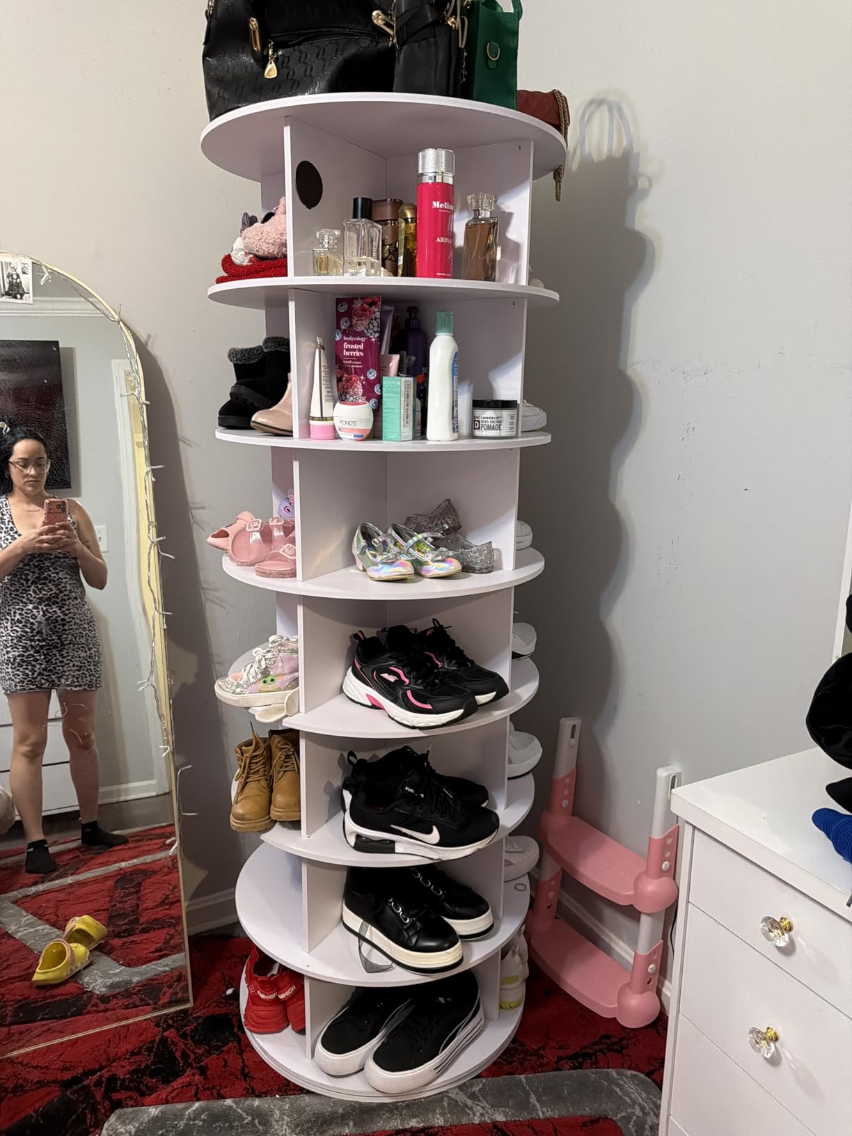 Rotating Shoe Rack 7 Tier Spinning Shoes Organizer Tower for 28-32 Pairs Lazy Susan 360 Revolving Shoe Storage Cabinet Rotate Shoe Handbag Rack Round Carousel for Closet, Bedroom (White) customer photo 1