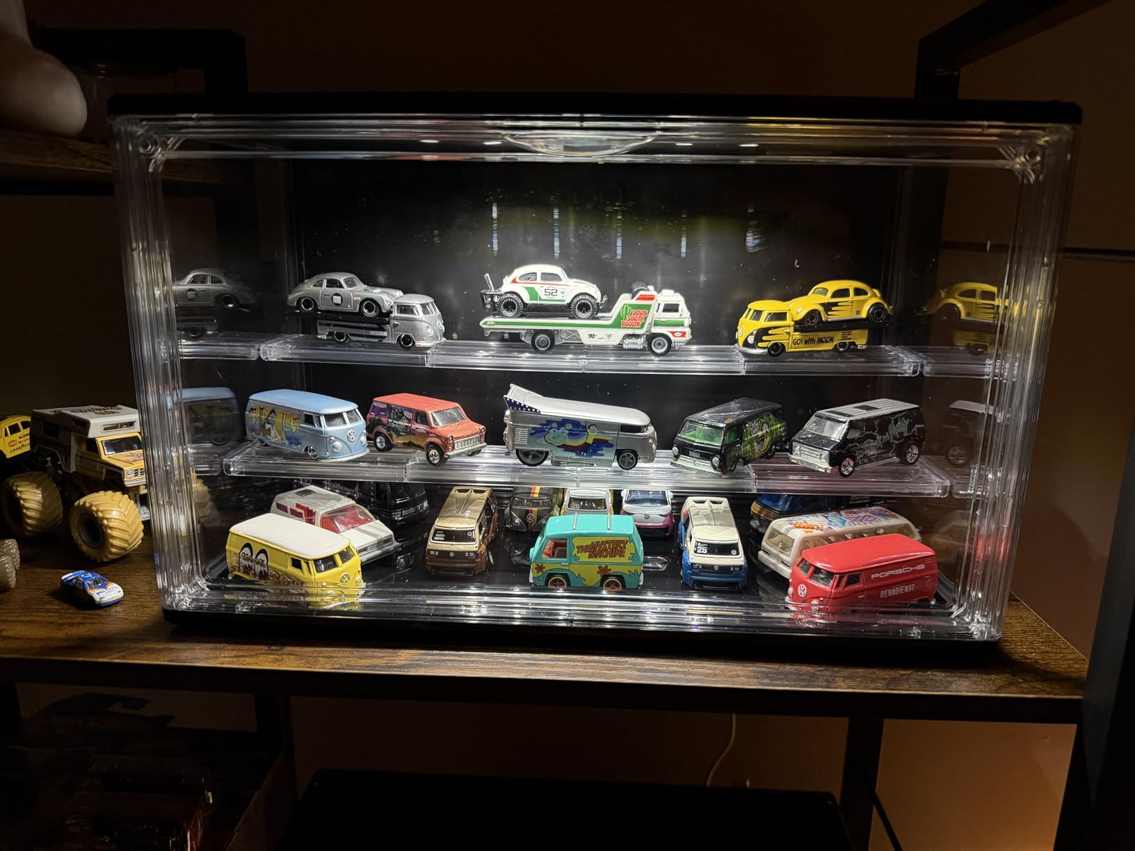 VERSSURE Clear Display Case for Collectibles, 3-Tier Adjustable Figure Display Case with LED Light, Stackable Acrylic Showcase with Magnetic Door for Jewelry,Collectibles (Black, 1 Pack-8.7