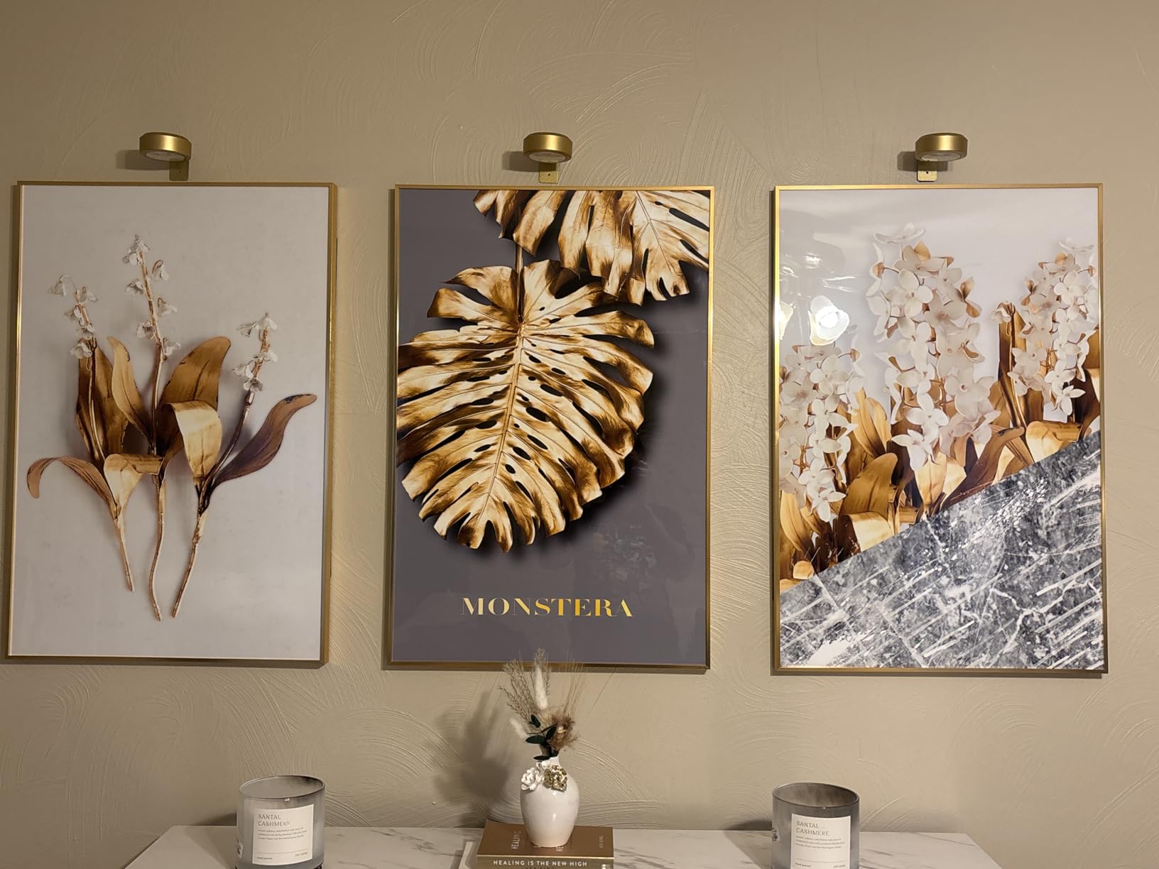 Framed Modern Luxury Wall Art for Living Room, Large White and Gold Leaf Artwork for Bedroom Walls, 3 Piece Contemporary Bright Style Abstract Prints for Office Hallway Wall Decor, 24x36 Inch customer photo 2