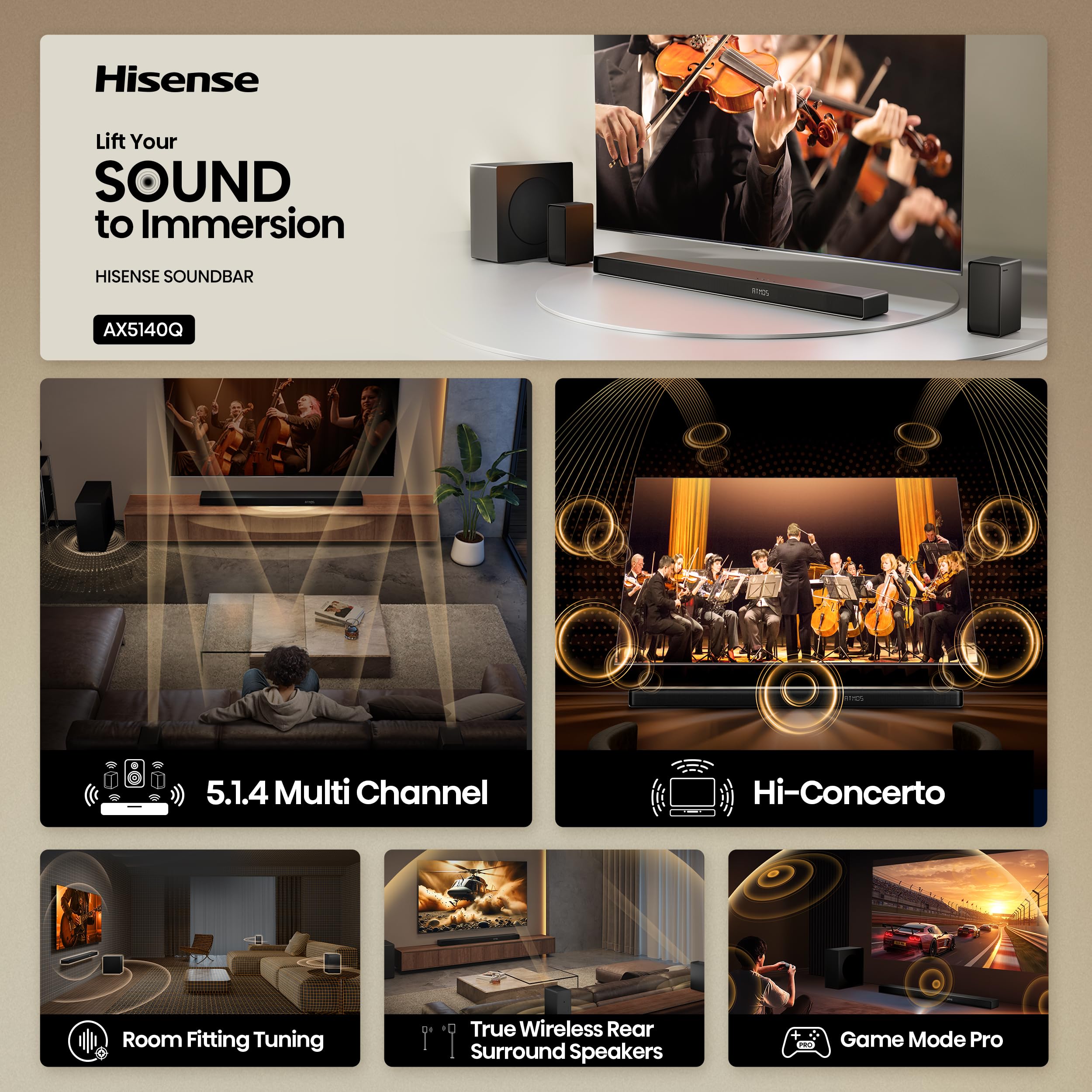 Hisense AX5140Q 5.1.4Ch Sound Bar with Wireless Subwoofer, Dolby Atmos, DTS:X, Bluetooth 5.3, Roku TV Ready, HDMI/AUX/ARC/Optical/USB, EzPlay, 7 EQ Modes, Hi Concerto, Room Calibration customer photo 2