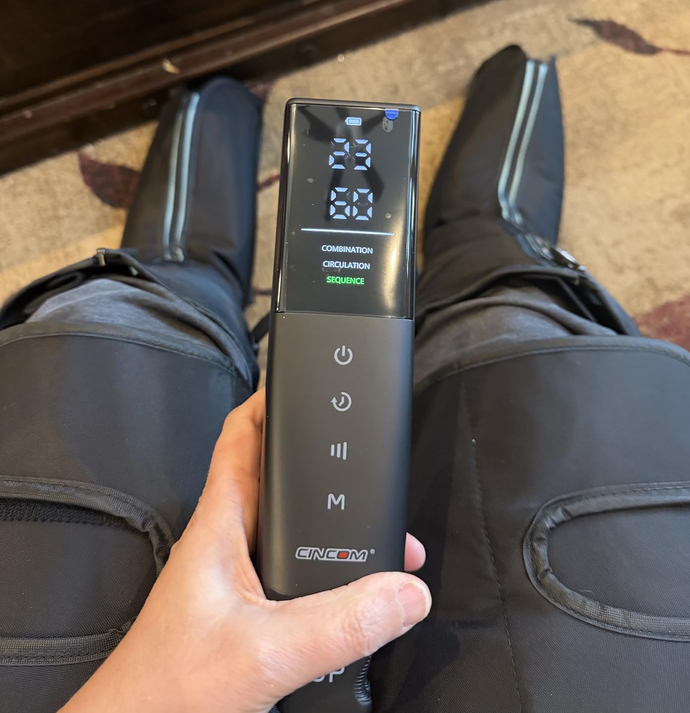 CINCOM Cordless Air Compression Massager - Rechargeable Leg & Foot Boots with 3 Modes, 10 Intensity Levels, 5 Timer Settings for Circulation, Pain Relief, Edema, RLS & Recovery customer photo 1